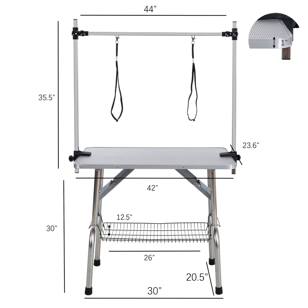 42' Folding Dog Pet Grooming Table Stainless Steel Frame Rubber Mat on Board with Adjustable Arm and Clamps pet dog Cat Grooming Table (SILVER-GRAY COLOR)