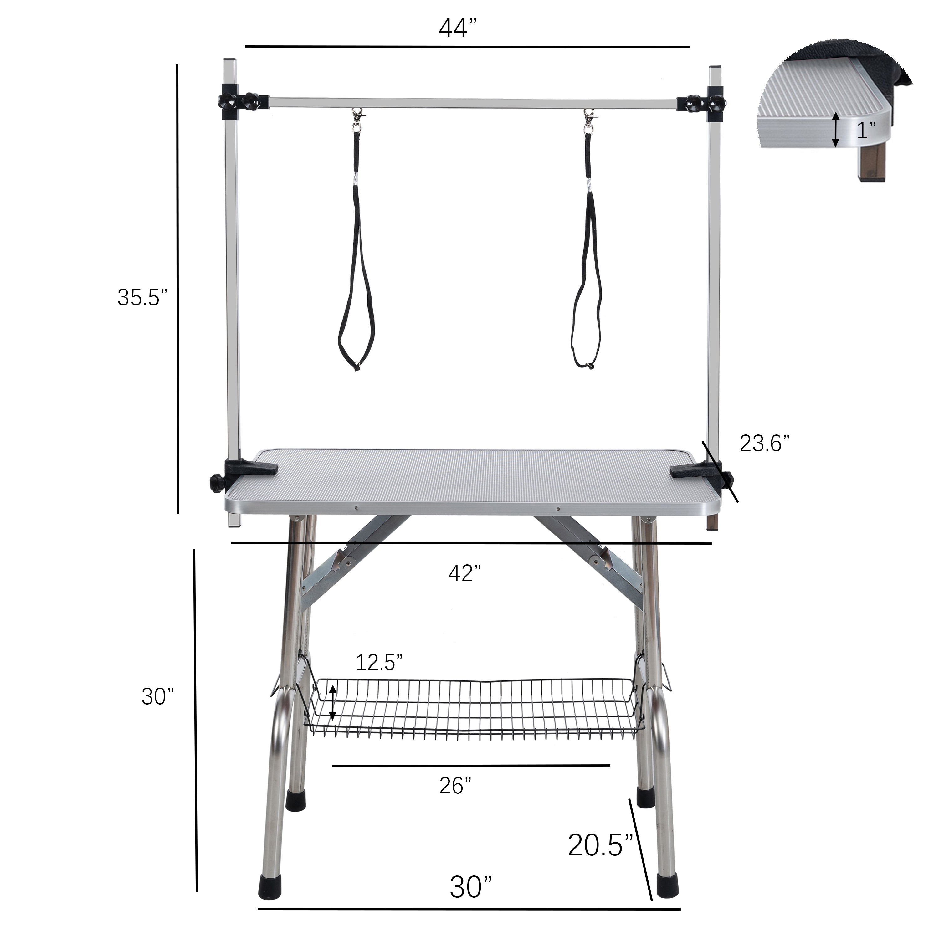 42' Folding Dog Pet Grooming Table Stainless Steel Frame Rubber Mat on Board with Adjustable Arm and Clamps pet dog Cat Grooming Table (SILVER-GRAY COLOR)