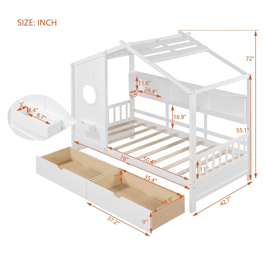Wooden Twin Size House Bed with 2 Drawers,Kids Bed with Storage Shelf, White(Old SKU: HL000051AAK)