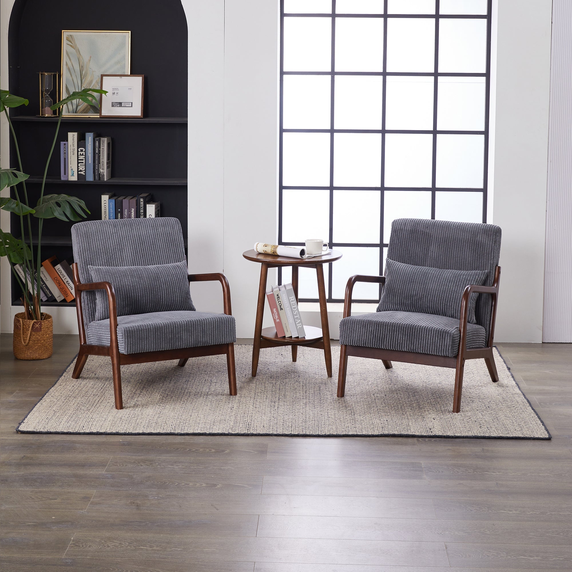 Mid-Century Modern Accent Chair with Pillow Upholstered in Antique Dark Grey Polyester and Solid Wood Frame(Antique Dark Grey)