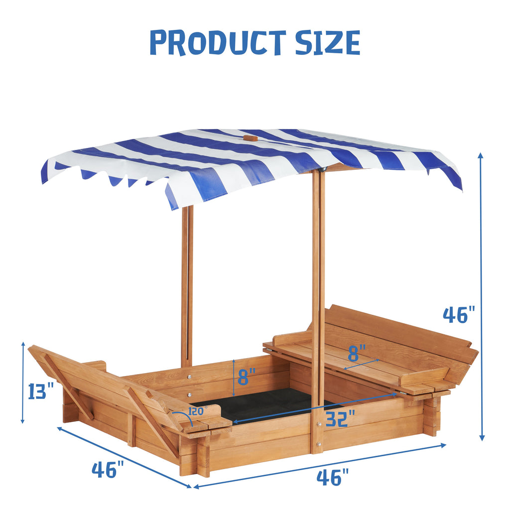 Kids Sandbox with Adjustable Cover, 46'' Wooden Sand Box with 2 Foldable Bench Seats, Outdoor Sandpit for Backyard Play