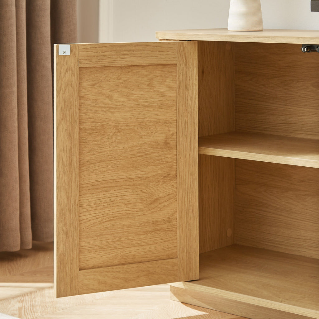 Contemporary Wave-Shaped TV Stand with Rattan Doors, Natural Wood Finish, 64''W x 15''D x 24''H