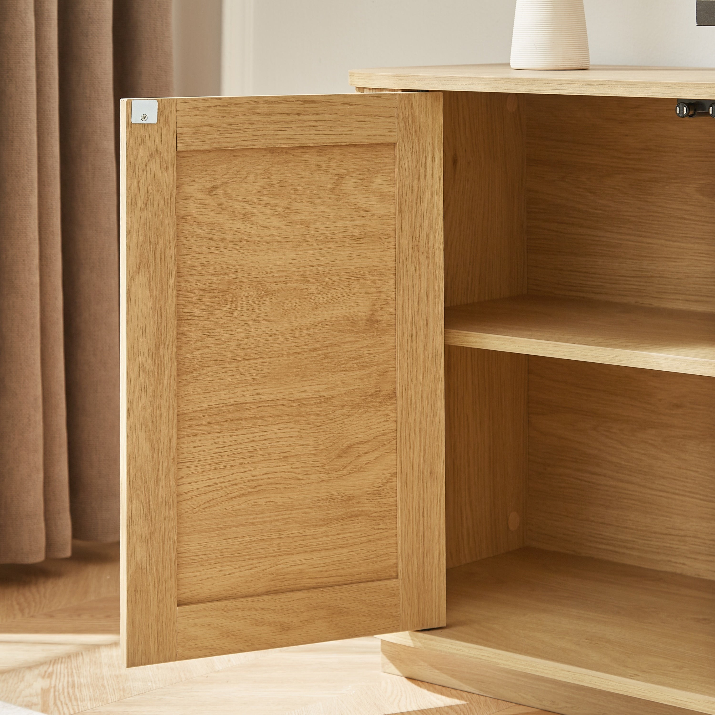 Contemporary Wave-Shaped TV Stand with Rattan Doors, Natural Wood Finish, 64''W x 15''D x 24''H