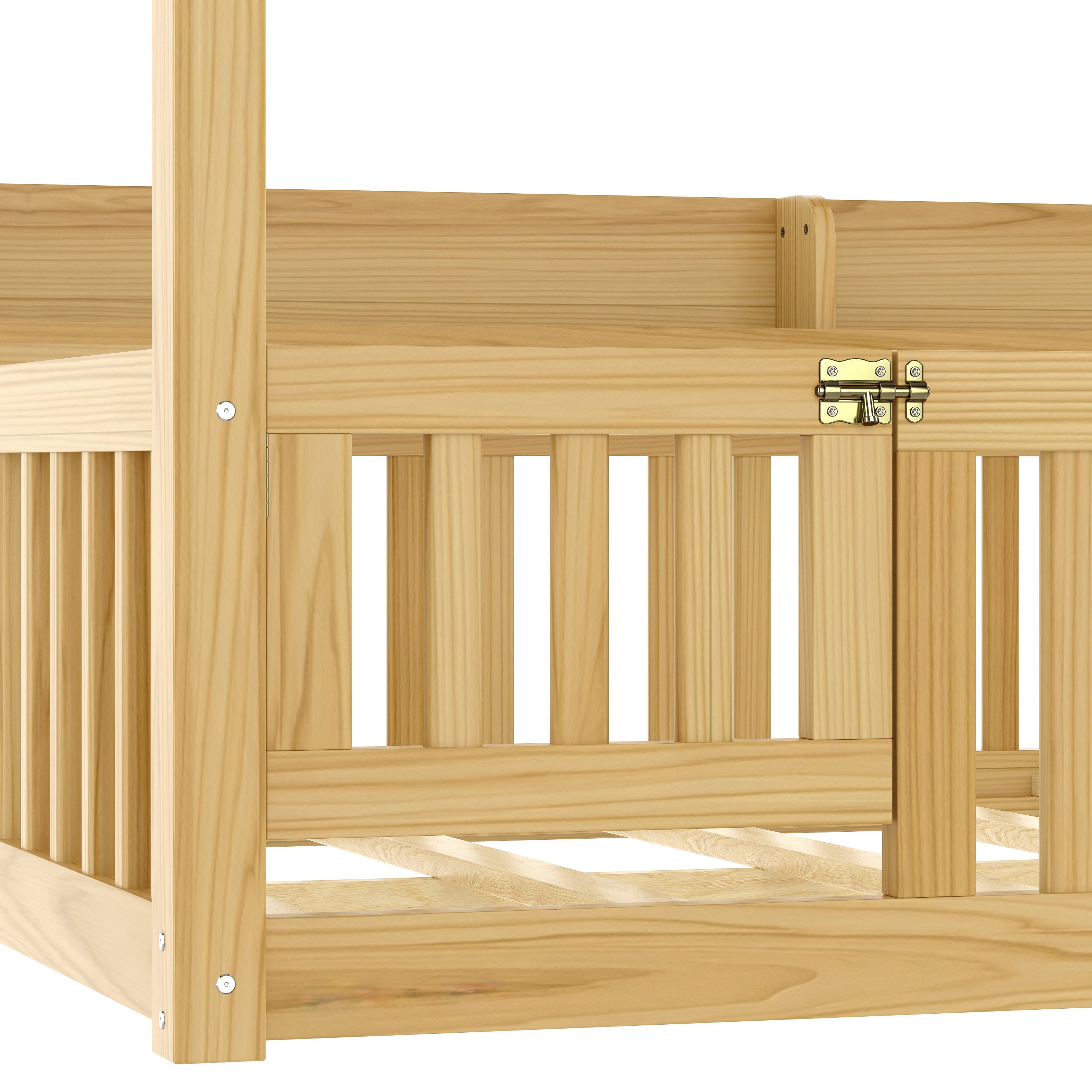 Full Size Canopy Bed with Guardrails, Solid Wood Floor Bed with Shelves, Montessori Floor Bed Frame for Kids, Boys, Girls, No Spring Box Needed, Natural