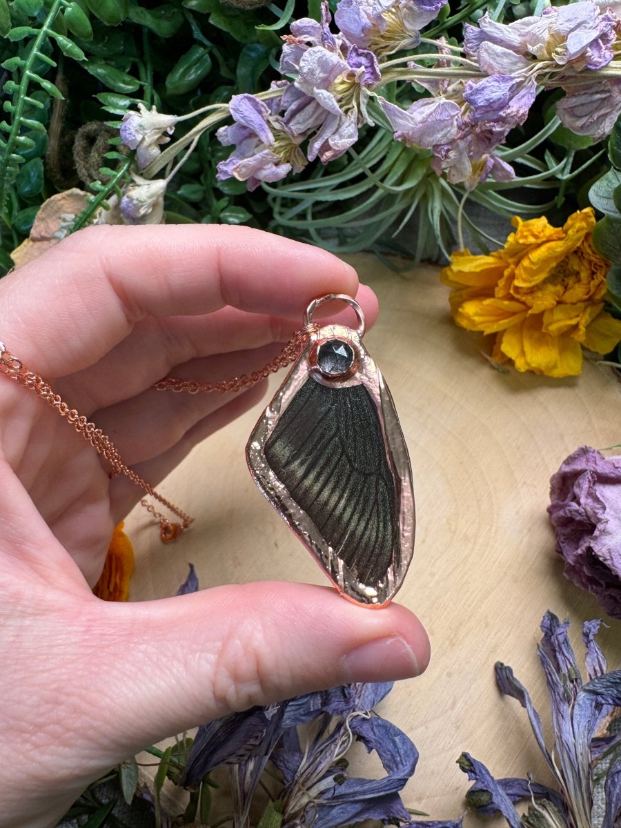 Black Rutile Quartz and Butterfly Wing Necklace