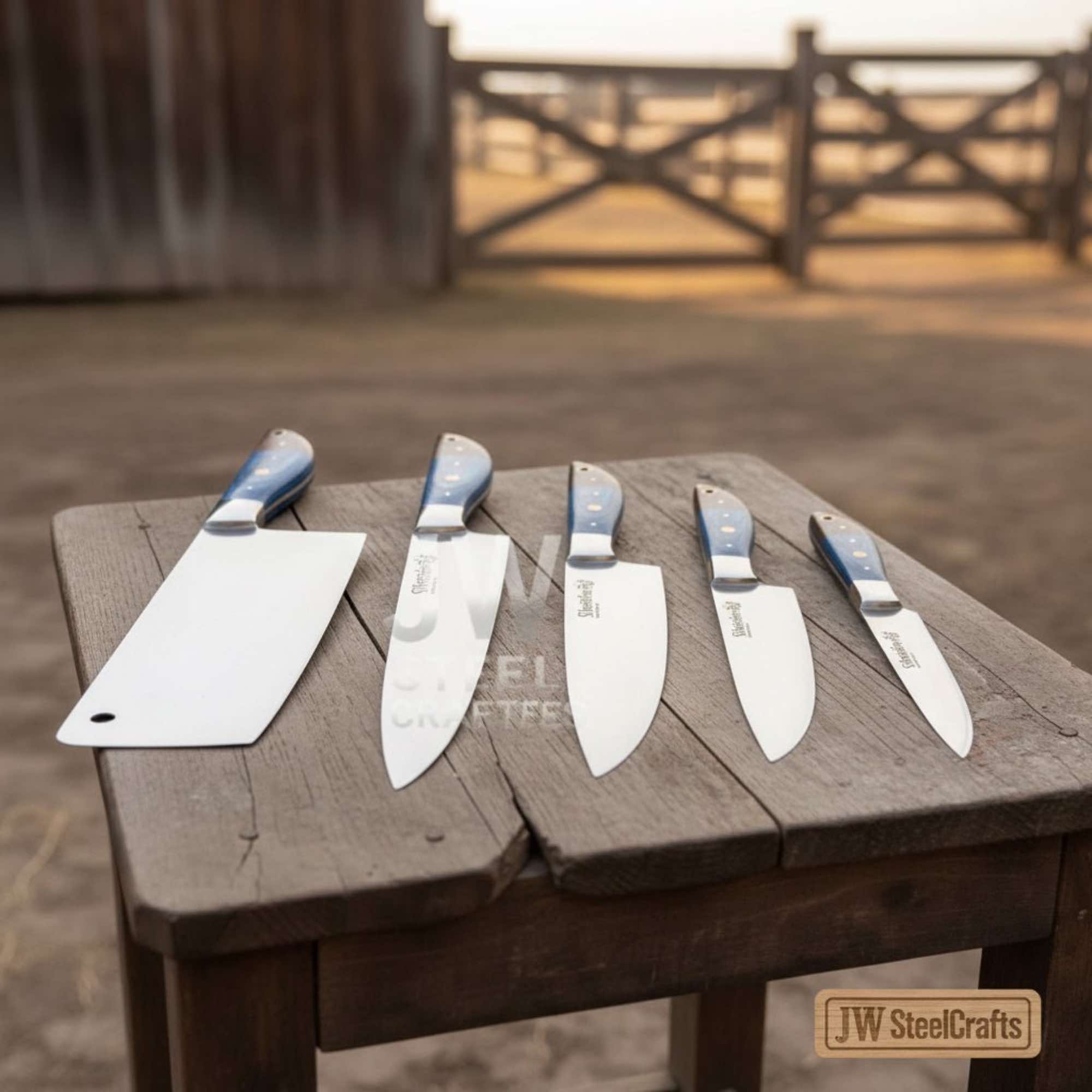Blue Wood Chef Knife Set – 5-Piece Handmade Kitchen Collection