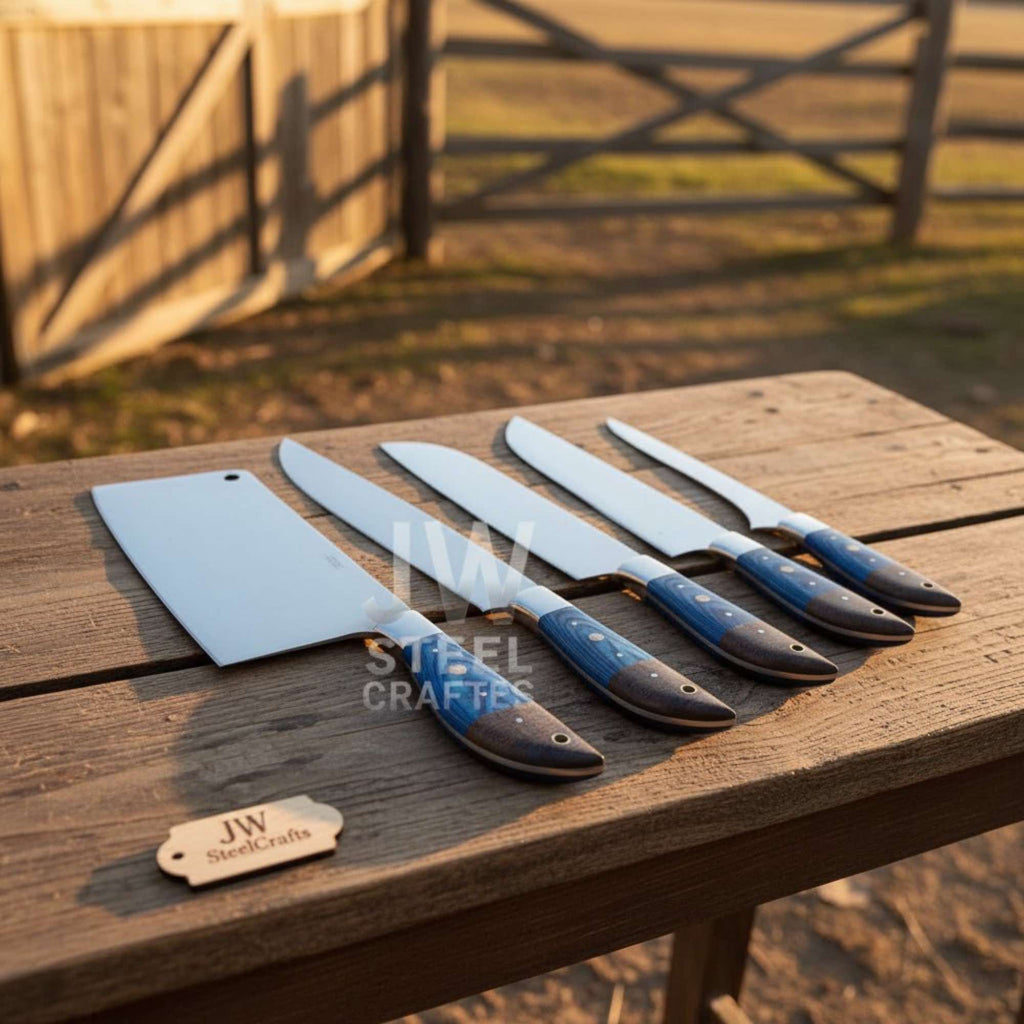Blue Wood Chef Knife Set – 5-Piece Handmade Kitchen Collection