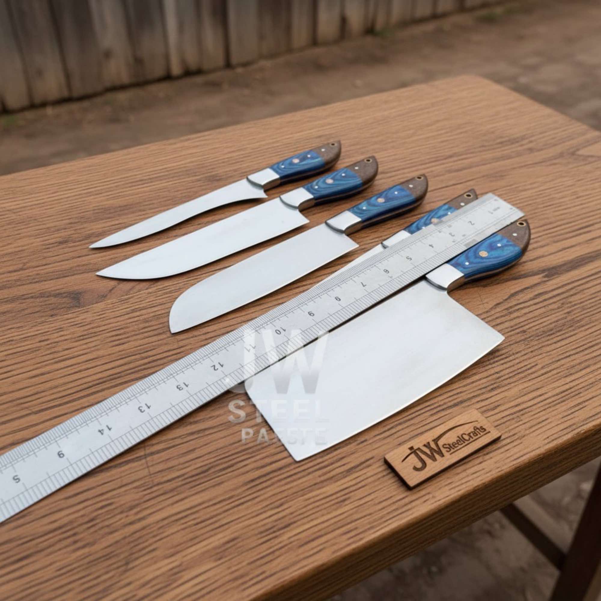 Blue Wood Chef Knife Set – 5-Piece Handmade Kitchen Collection