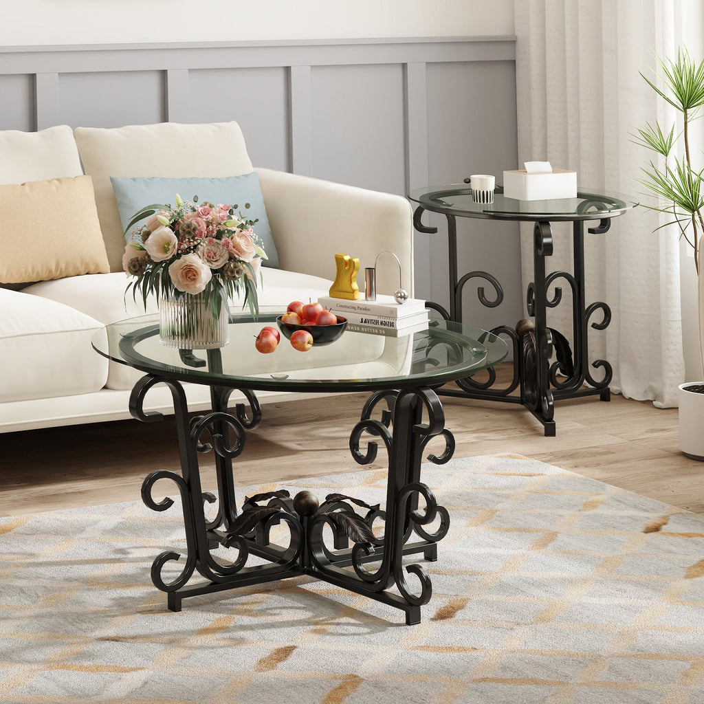 3-Piece Coffee Table Set, Tempered Glass Surface with Sturdy Metal Frame - Modern Living Room Sets (1 Coffee Table + 2 End Tables), Scratch-Resistant & Easy to Clean for Small Spaces, Apartments