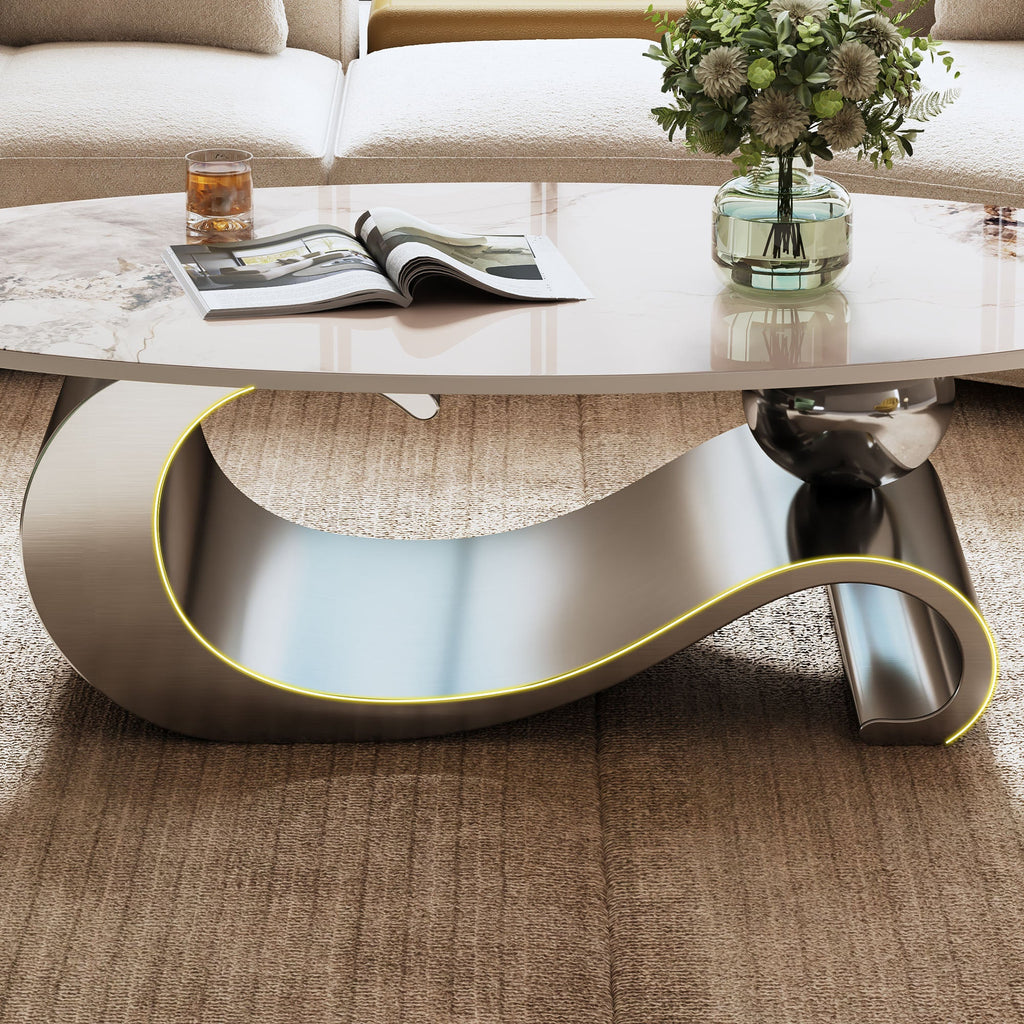 49.2' Faux Marble Oval Coffee Table, Contemporary Gray Stainless Steel Base, Modern Center Table for Living Room