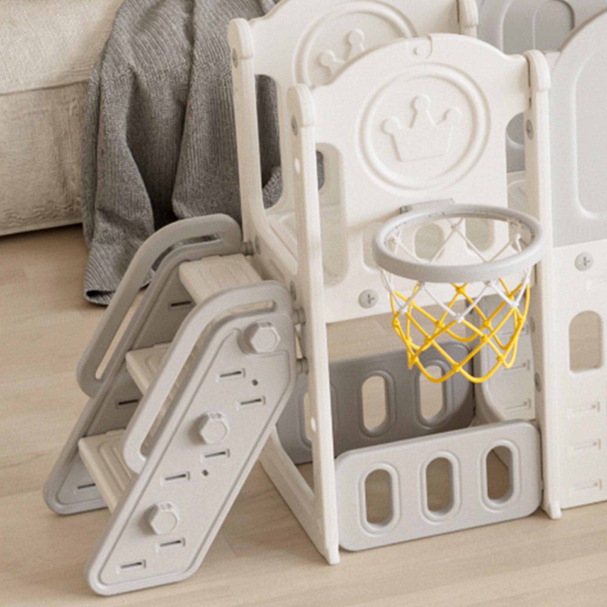 Versatile Toddler Slide with 11-in-1 Activity Center, Grey+Ivory, Polyethylene, 116.54in