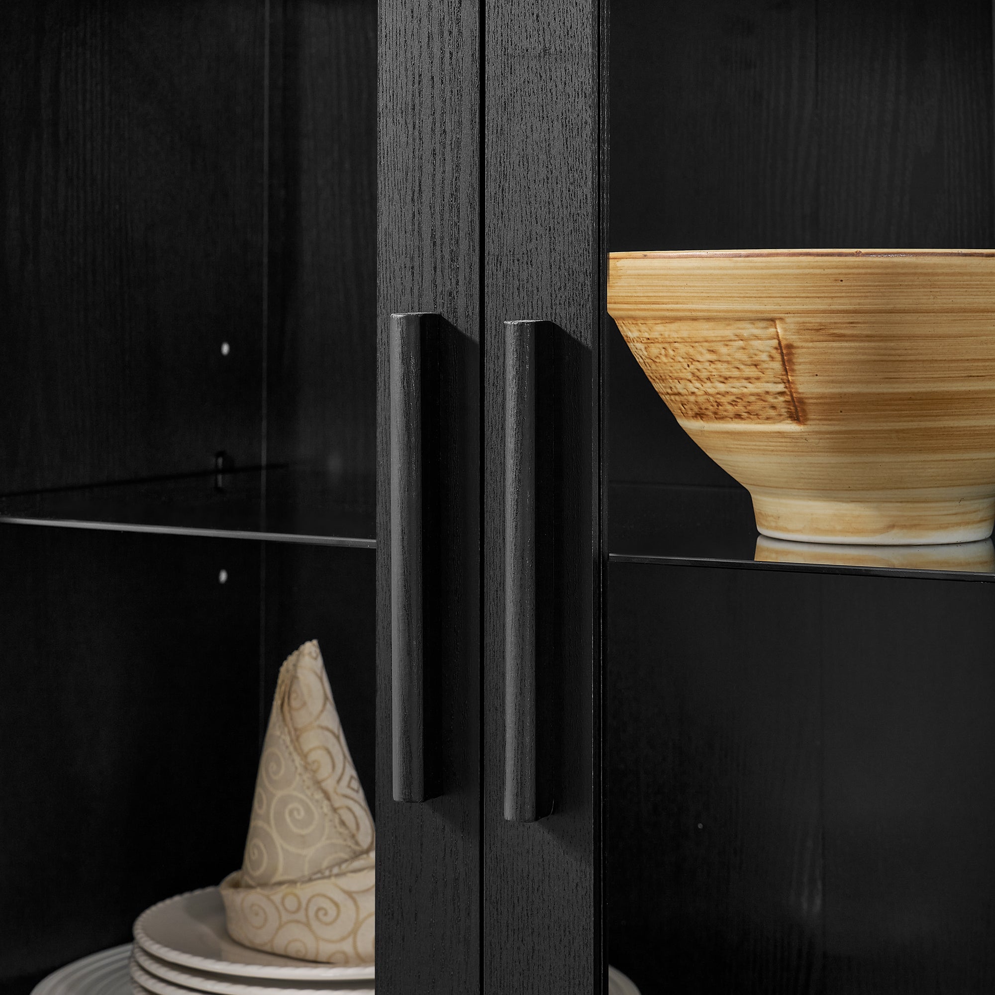 A high arched storage cabinet with a lamp, a modern retro-style wooden storage cabinet with adjustable glass partitions, suitable for use as a multi-functional cabinet in kitchens-Black