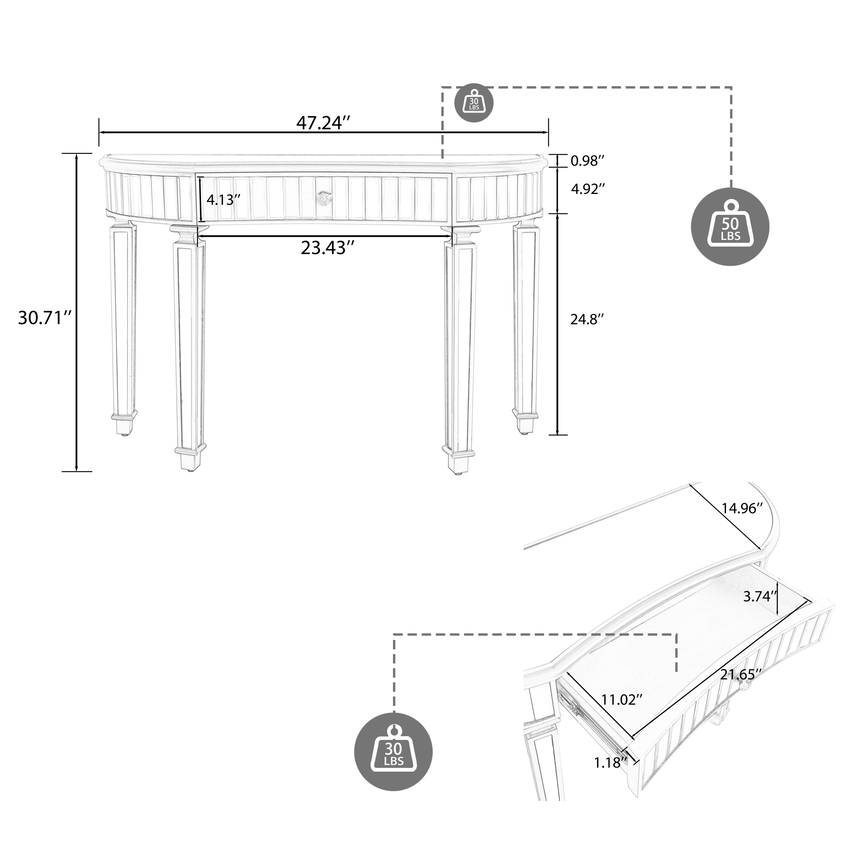 47' Half-Moon Mirrored Console Table with Fluted Glass & Crystal Knob Drawer - Silver Entryway Vanity Desk for Bedroom/Dressing Room(Black+Sliver)