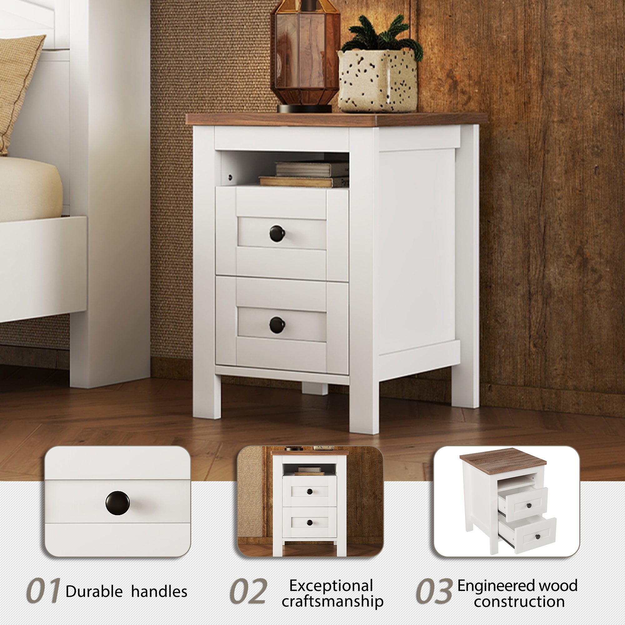3-Pieces Bedroom Sets Full Size Farmhouse Platform Bed with Double Sliding Door Storage Headboard and Charging Station, Storage Nightstand and Dresser, White+Brown(Old SKU HL000091AAK)
