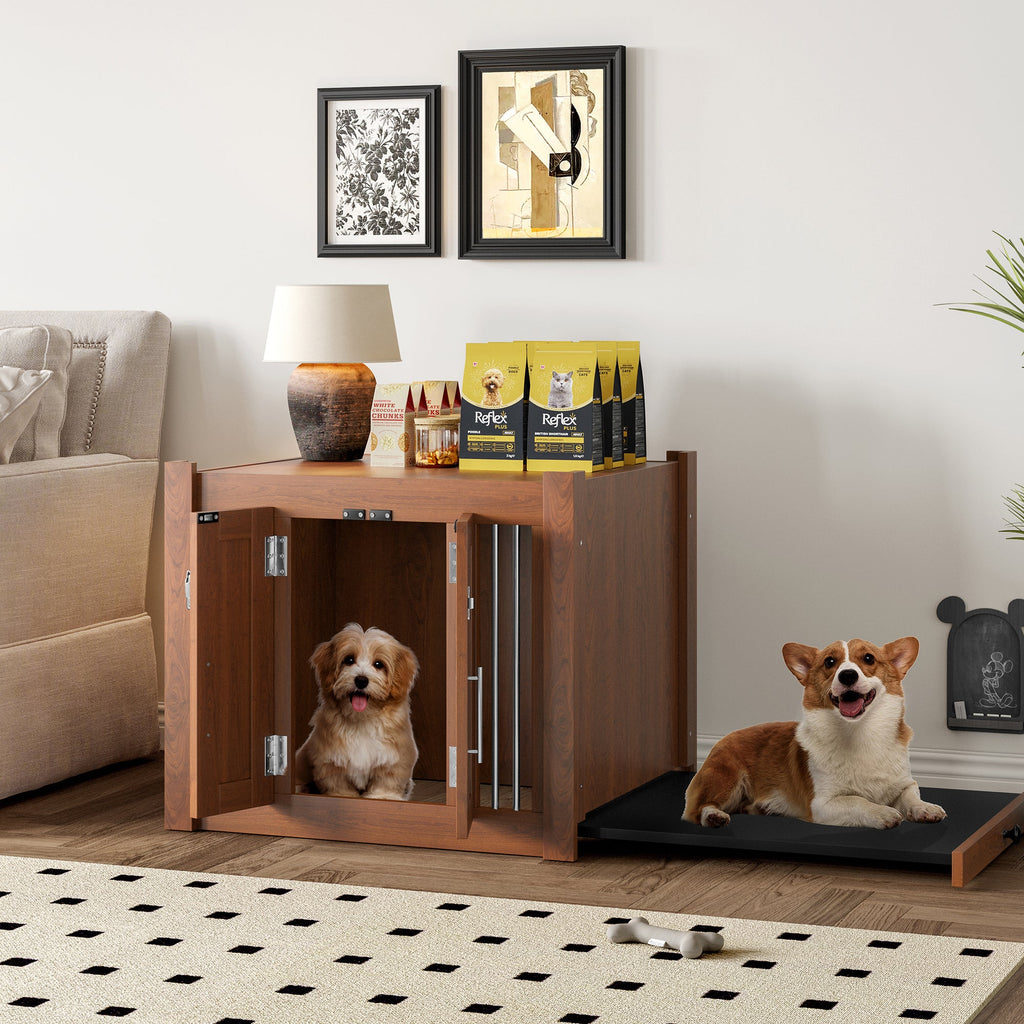 30.25'L, 2 in 1 Dog Crate with Padded Seat, Sliding Barn Door, Luxury Wooden Dog Kennel, End of Bed Bench Ottoman with Removable Cushion for Bedroom, Living Room, Walnut