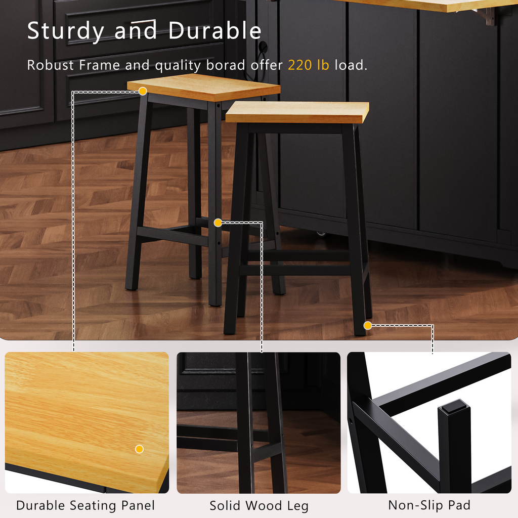 K&K 53inch Large Kitchen Island with 2 Bar Stools, Power Outlet,Door Internal Storage Rack, Kitchen Storage Cart on 5 Wheels with Drop Leaf, 5 Open Side Racks, 3 Drawers, for Kitchen,Dining Room,Black
