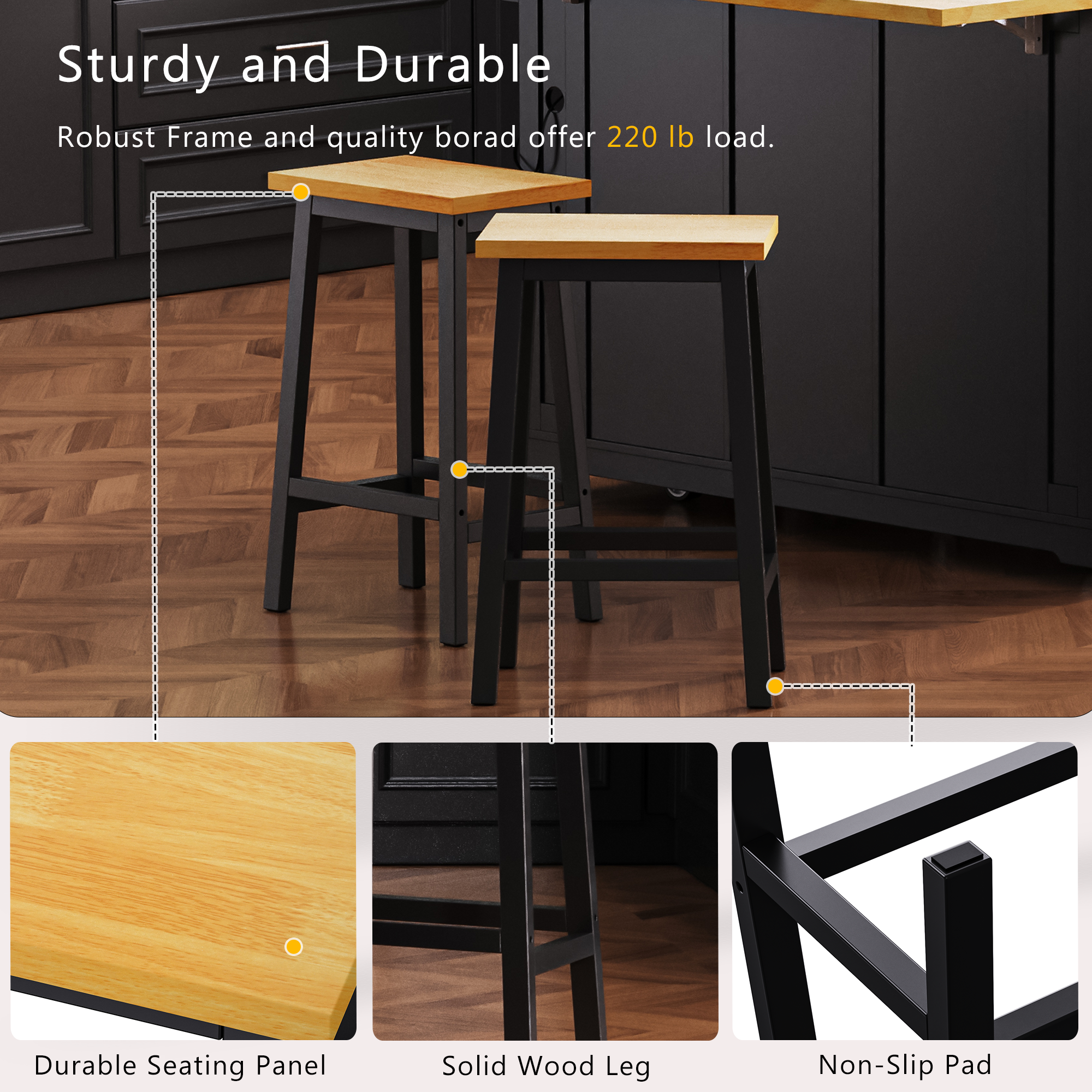 K&K 53inch Large Kitchen Island with 2 Bar Stools, Power Outlet,Door Internal Storage Rack, Kitchen Storage Cart on 5 Wheels with Drop Leaf, 5 Open Side Racks, 3 Drawers, for Kitchen,Dining Room,Black