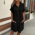 Casual Collar Button Down Short Sleeve Tunic Shirt Dress With Pockets