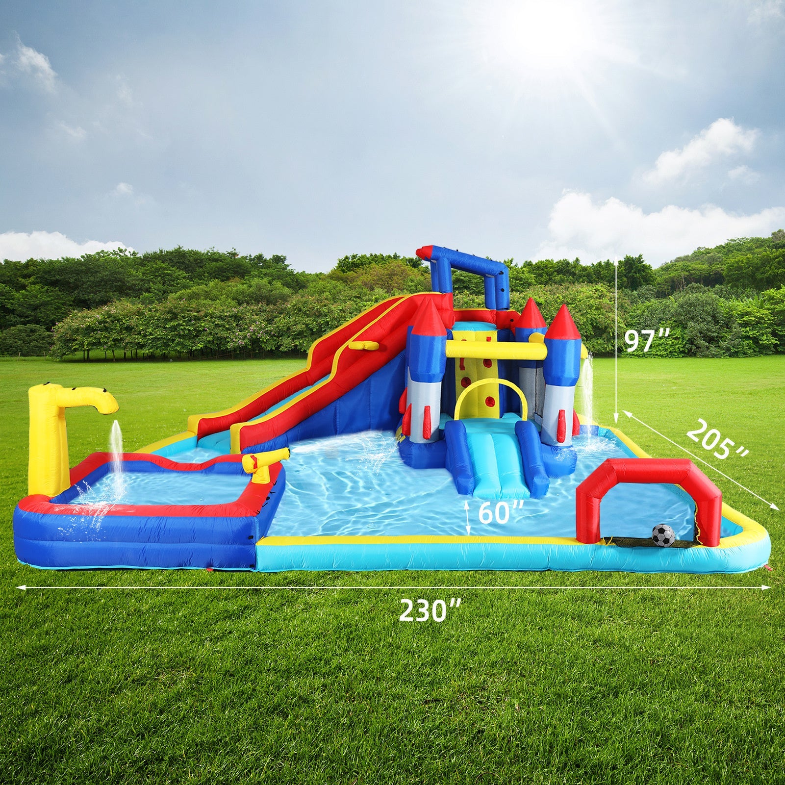 Inflatable 10 in1 slide water park  bouncing house garden with splash pool & water gun & basketball & climbing wall & dual pools & soccer