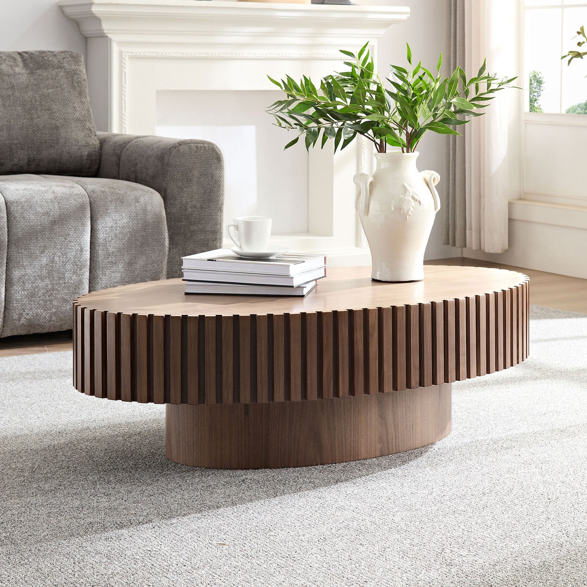 Modern Handcraft Drum Coffee Table Length 43.7 inch Ellipse Coffee Table for Living Room,Oval Small Coffee Table with Sturdy Pedestal,Walnut MDF