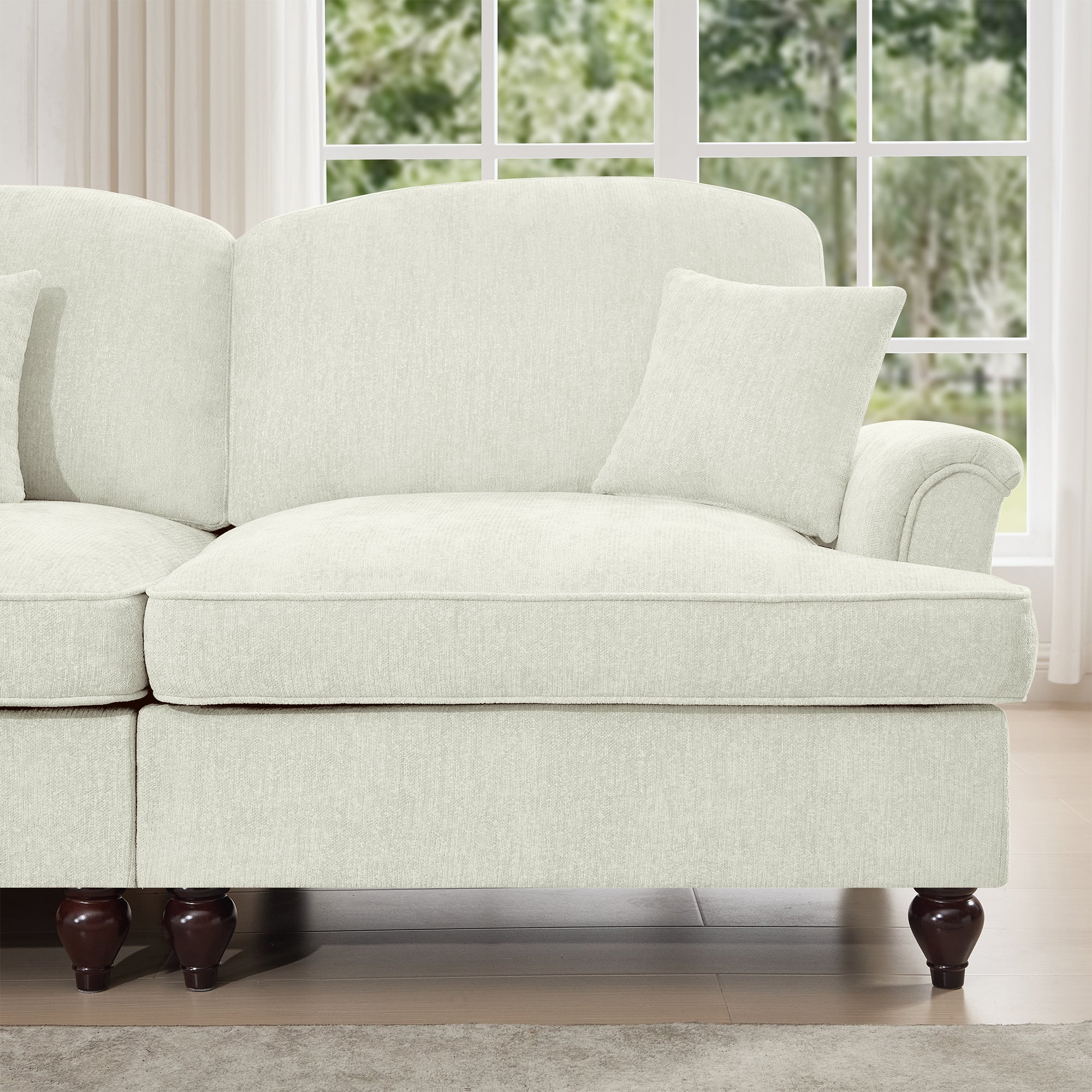 Elegant Mid Century Large 4 Seater Sofa Couch with Flared Arms and Removable Ruffles Pleats Skirts and Spindle Legs, Comfy Chenille Four-Seat Sofa for Living Room, Beige White