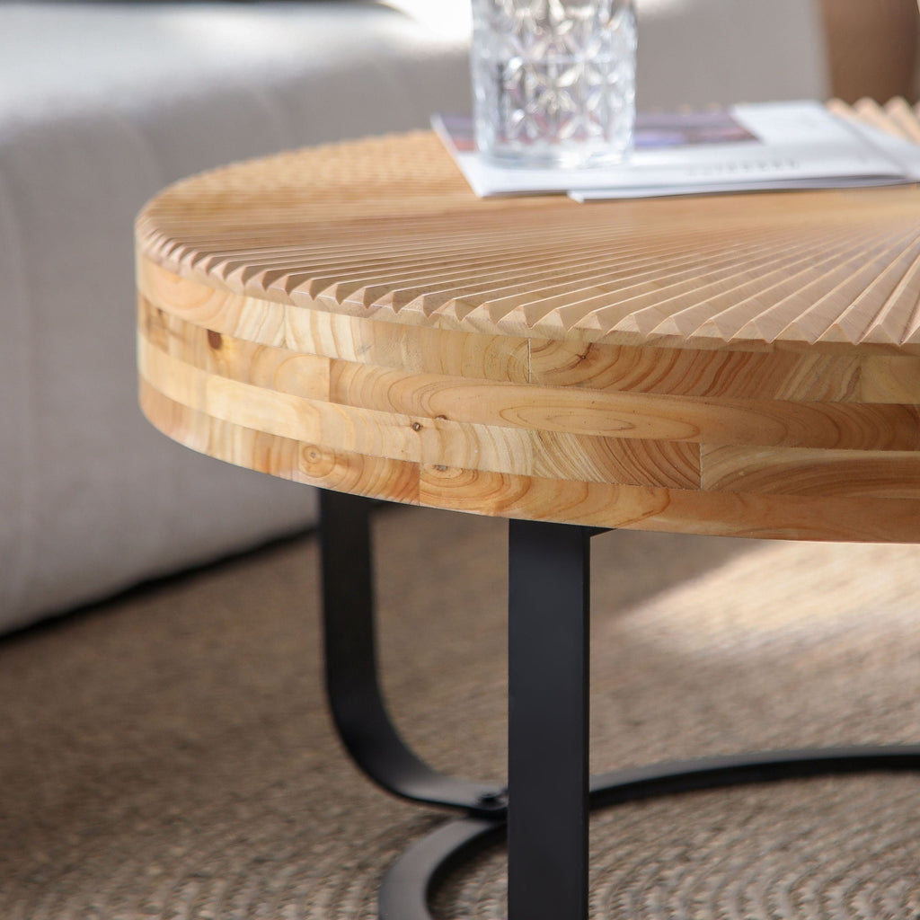 Modern Round Coffee Table Wooden Carving Pattern Coffee Table with Metal Legs for Living Room Reception Room Office ,Black