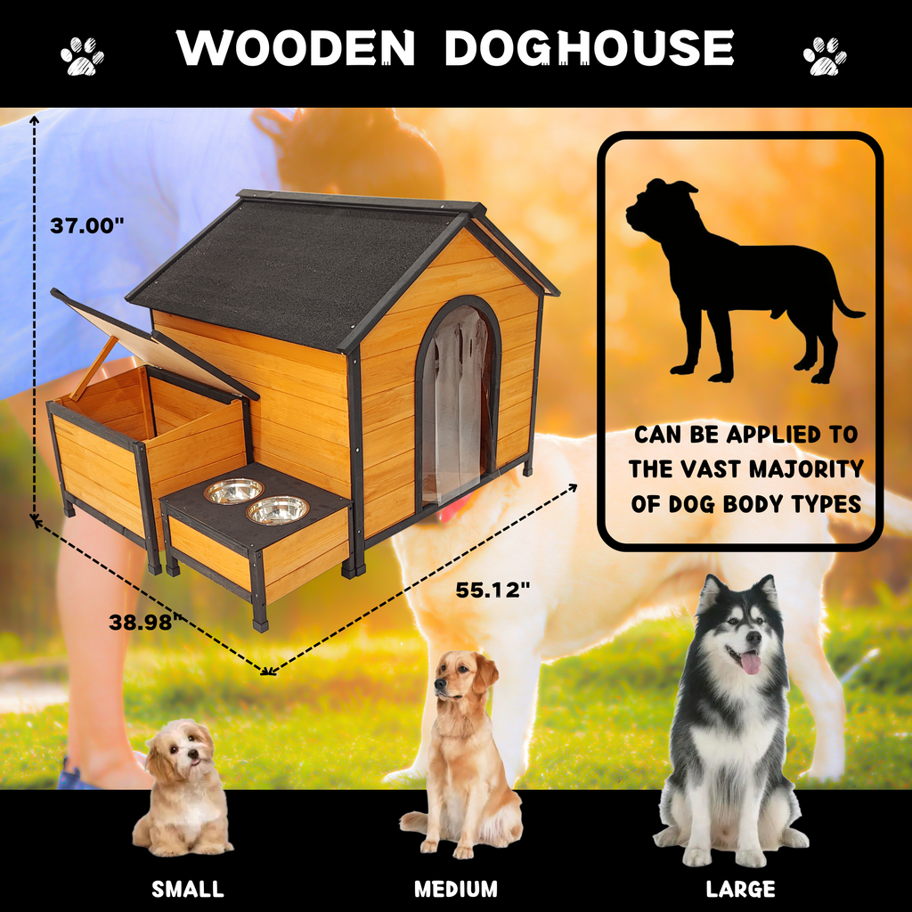 XPT088 Wearable and Strong Wooden Dog House with Metal Bowls and Toy Box, Natural, Solid Wood, 55.12 x 38.98 x 37.00 inches
