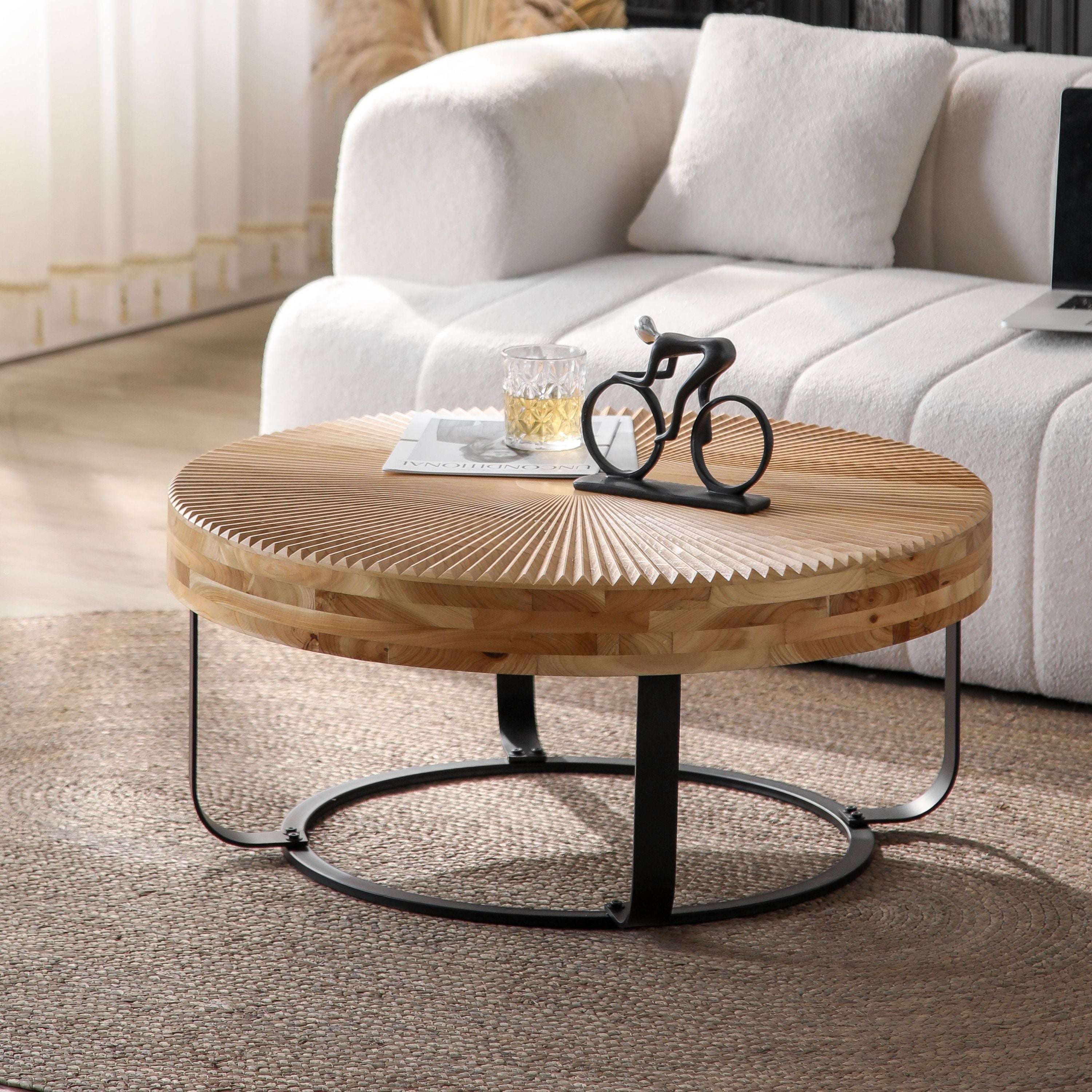 Modern Round Coffee Table Wooden Carving Pattern Coffee Table with Metal Legs for Living Room Reception Room Office ,Black