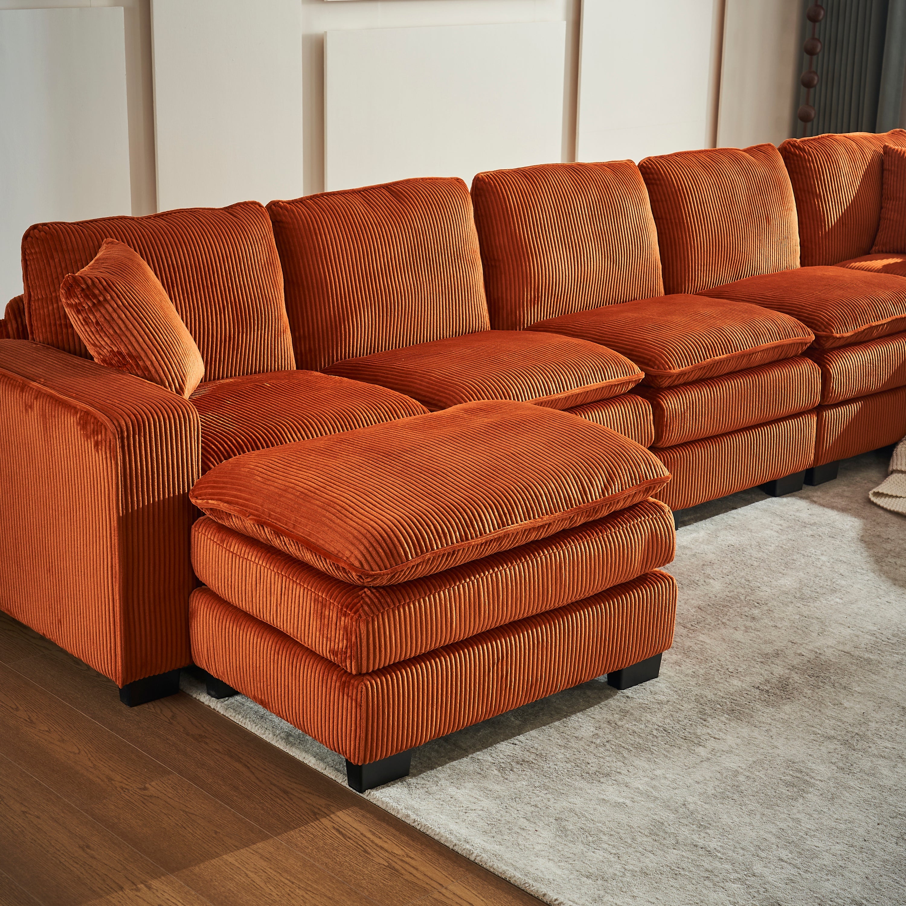 Modern U Shaped 6-seat Sectional Sofa Couch with one Ottoman and three toss pillows ,Modular Sofa for Living Room,Corduroy sofa