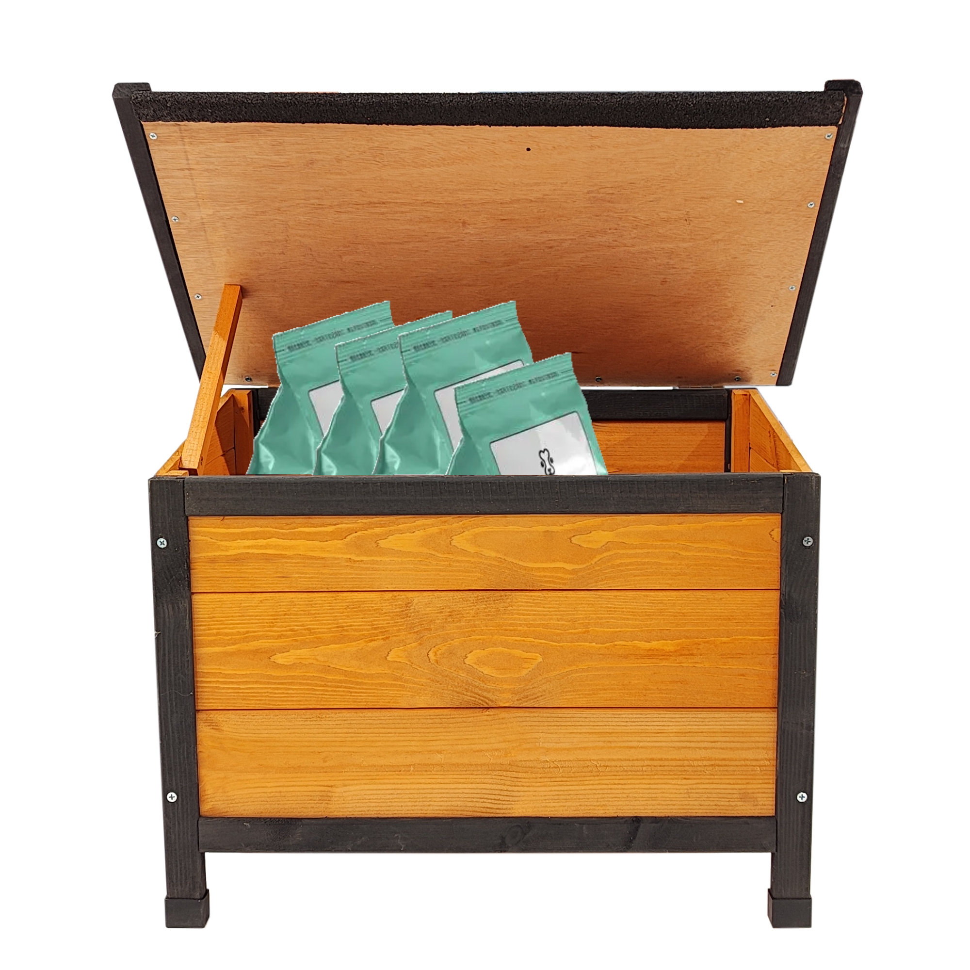 XPT088 Wearable and Strong Wooden Dog House with Metal Bowls and Toy Box, Natural, Solid Wood, 55.12 x 38.98 x 37.00 inches