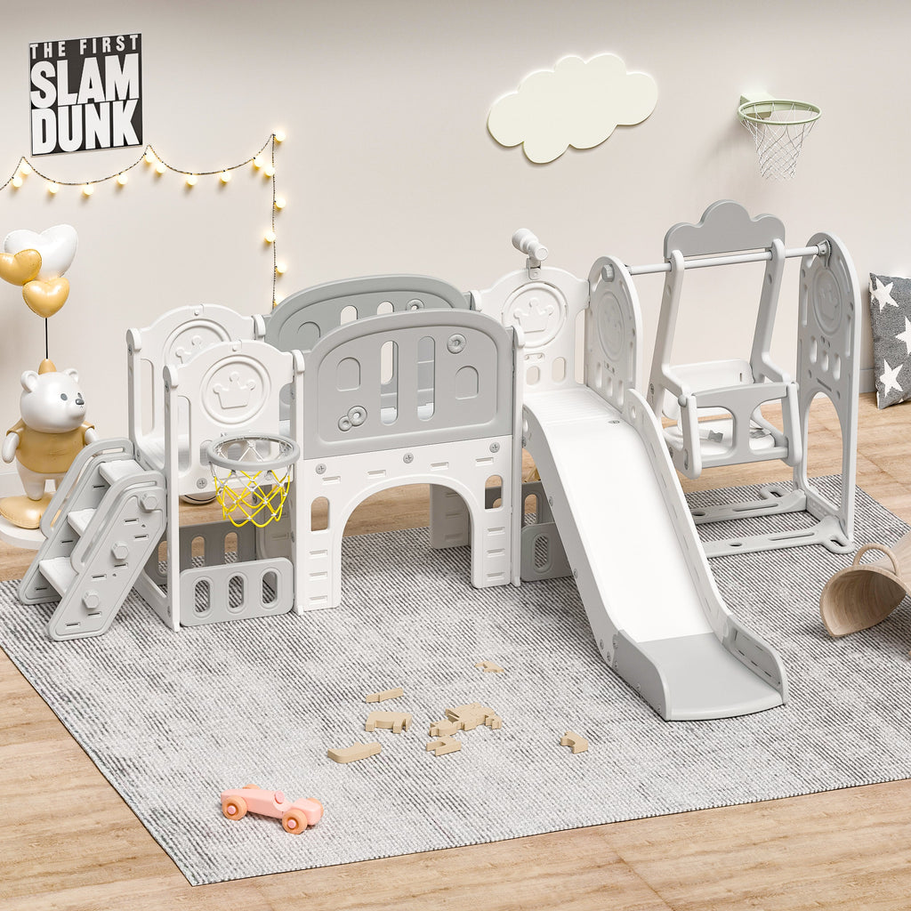 Versatile Toddler Slide with 11-in-1 Activity Center, Grey+Ivory, Polyethylene, 116.54in