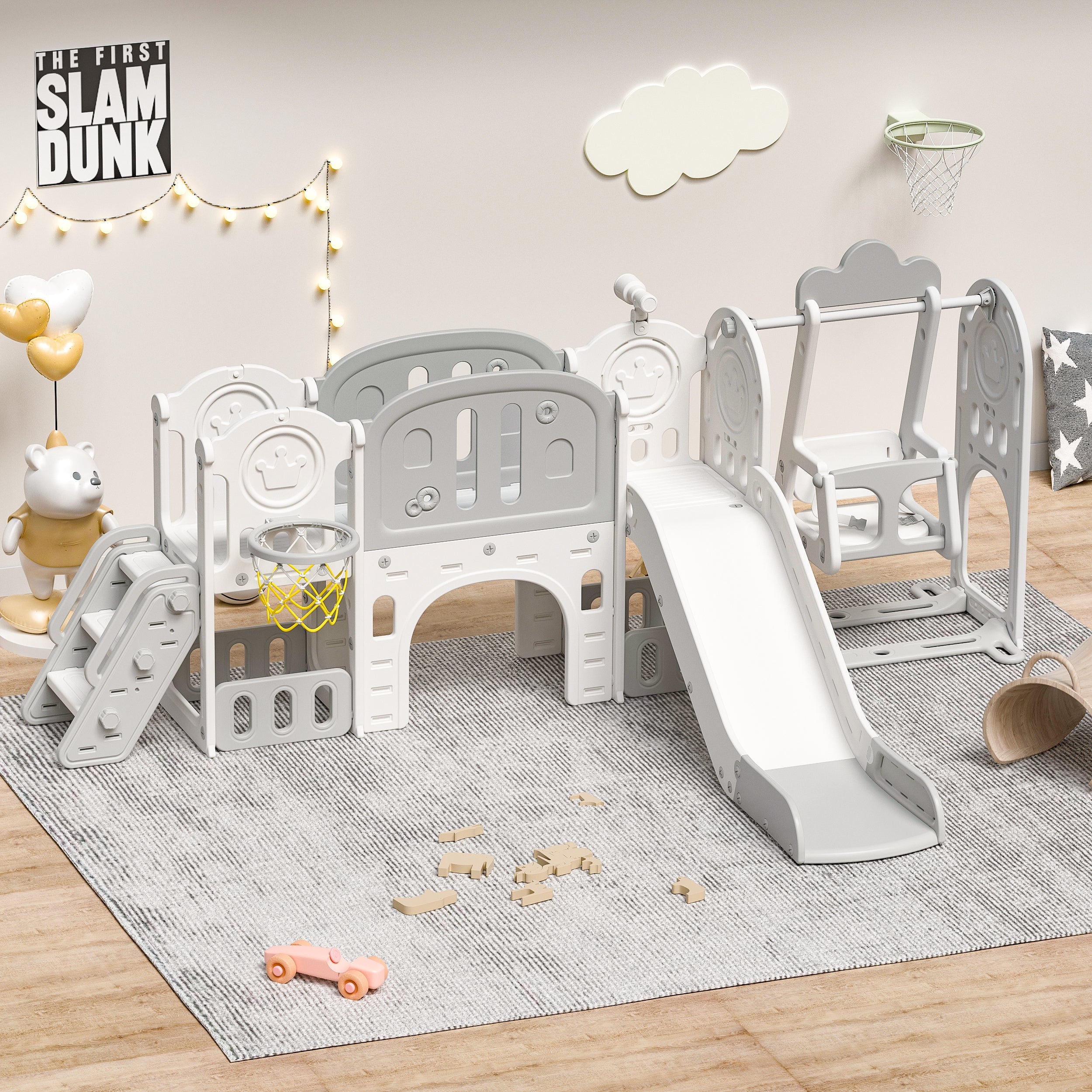 Versatile Toddler Slide with 11-in-1 Activity Center, Grey+Ivory, Polyethylene, 116.54in