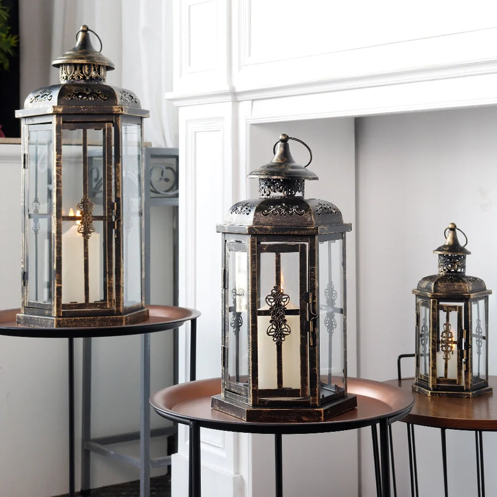 Set of 3-20.5''&14"&10"H Candle Lanterns(Black with Gold Brush)