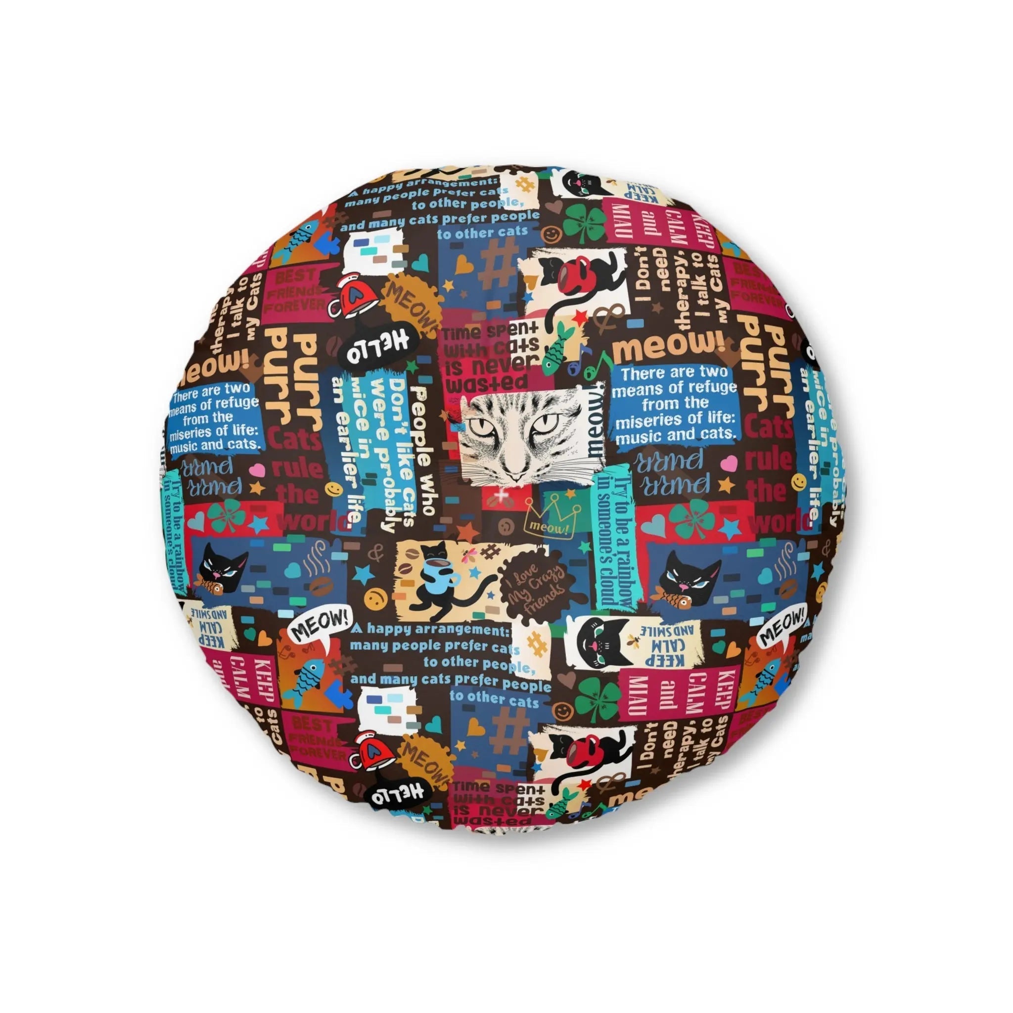 Cat Lover Tufted Floor Pillow - Round Decorative Cushion with Fun Cat Quotes