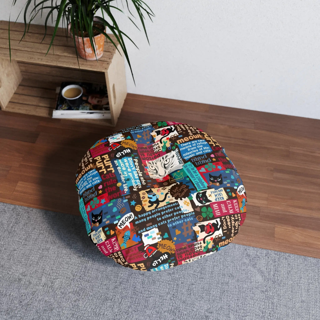 Cat Lover Tufted Floor Pillow - Round Decorative Cushion with Fun Cat Quotes