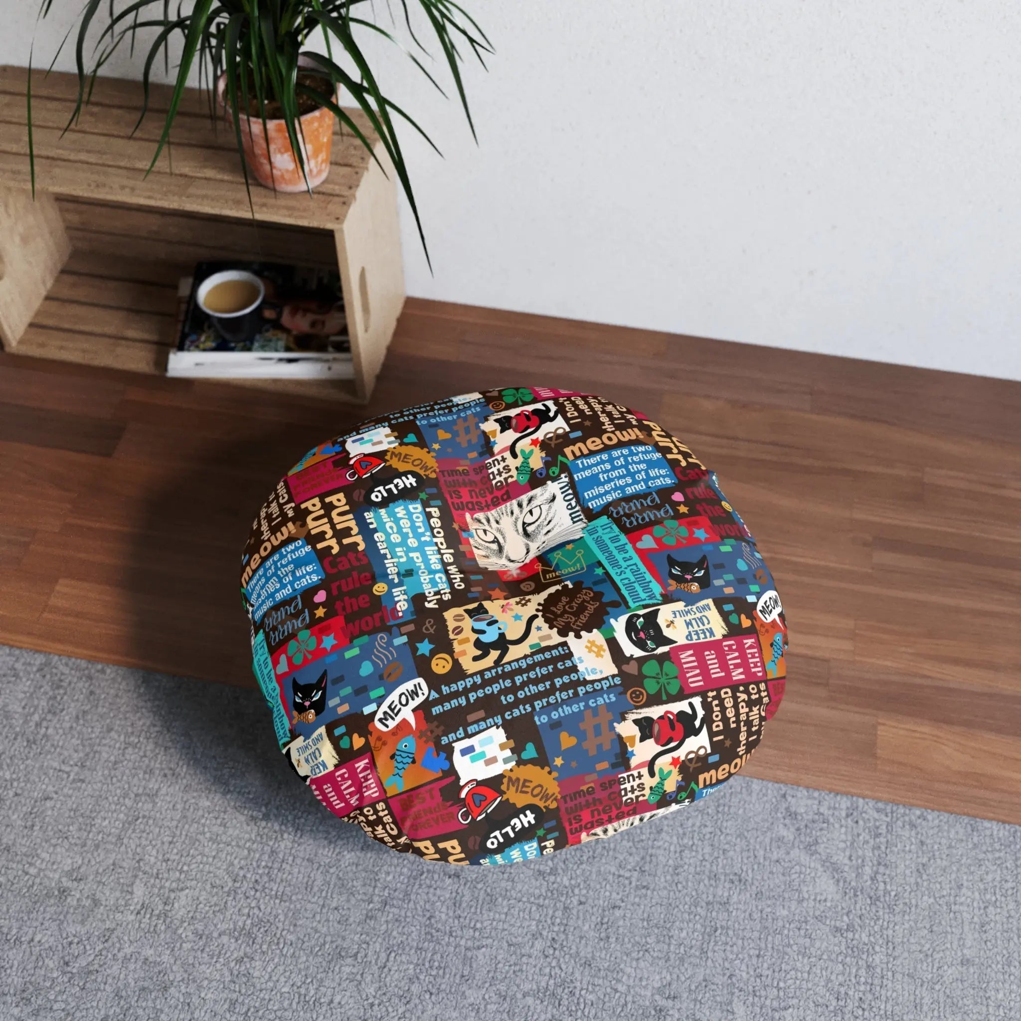 Cat Lover Tufted Floor Pillow - Round Decorative Cushion with Fun Cat Quotes