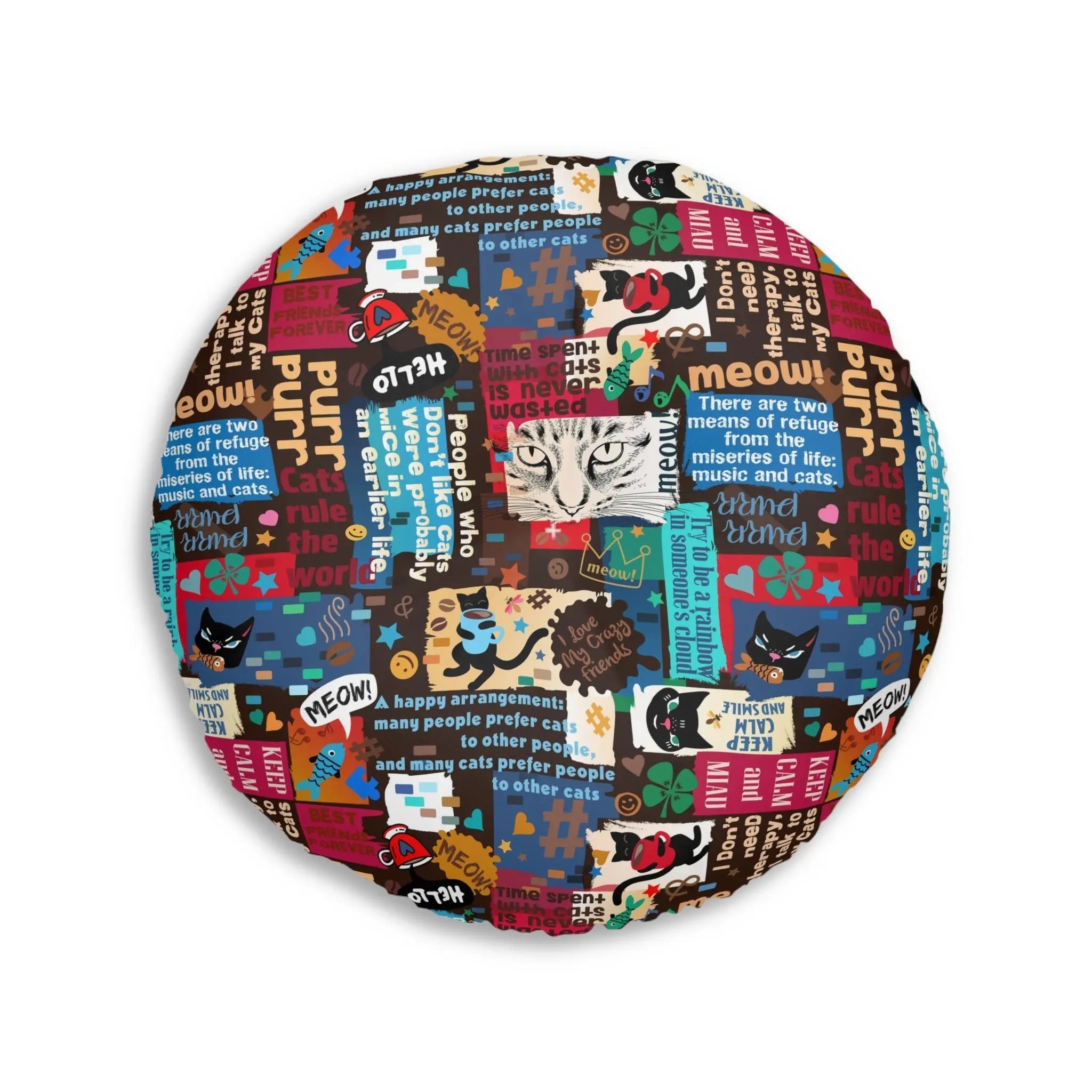 Cat Lover Tufted Floor Pillow - Round Decorative Cushion with Fun Cat Quotes