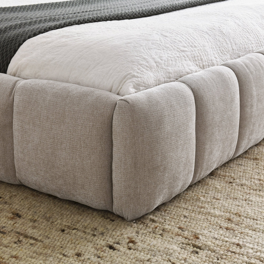 Modern Queen Size Upholstered Bed Frame with Headboard, Thick Chenille Fabric, Beige