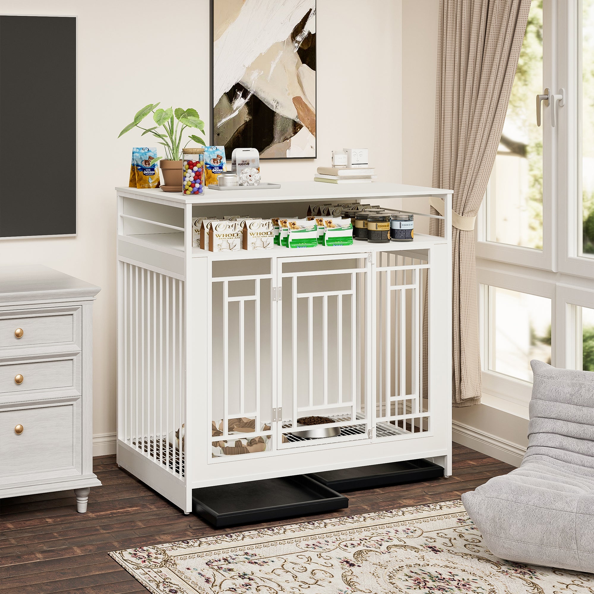 43.3 Inch Wooden Dog Crate Furniture with Divider and Storage, White