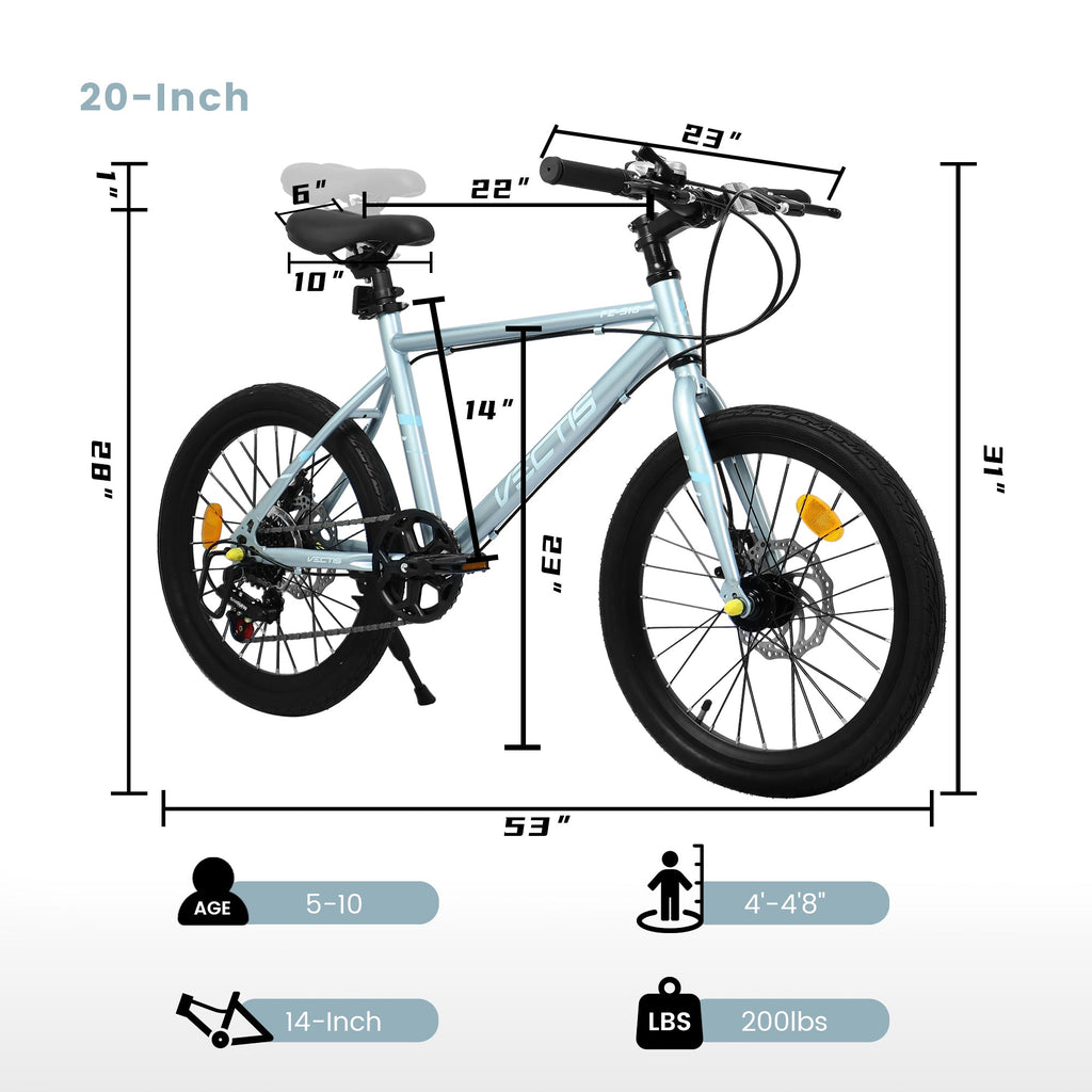 A20183 Kids Bike for 6-12 Years Old, 20 Inch Children's Bicycle for Boys Girls, 7-Speed Steel Frame, , Dual Disc Brakes, 20x1.75 Inch Tires Road Bike, 4 Color Options