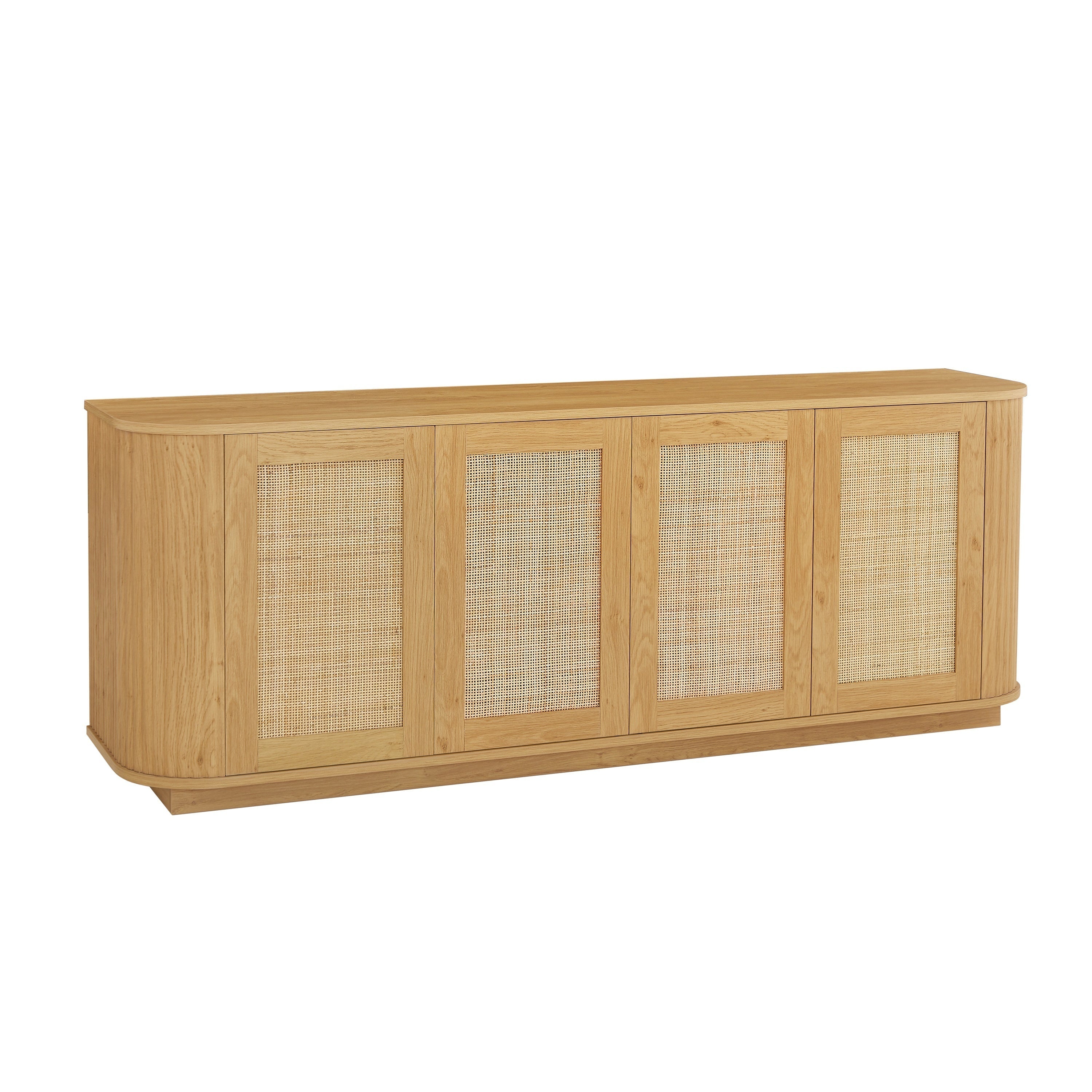 Contemporary Wave-Shaped TV Stand with Rattan Doors, Natural Wood Finish, 64''W x 15''D x 24''H