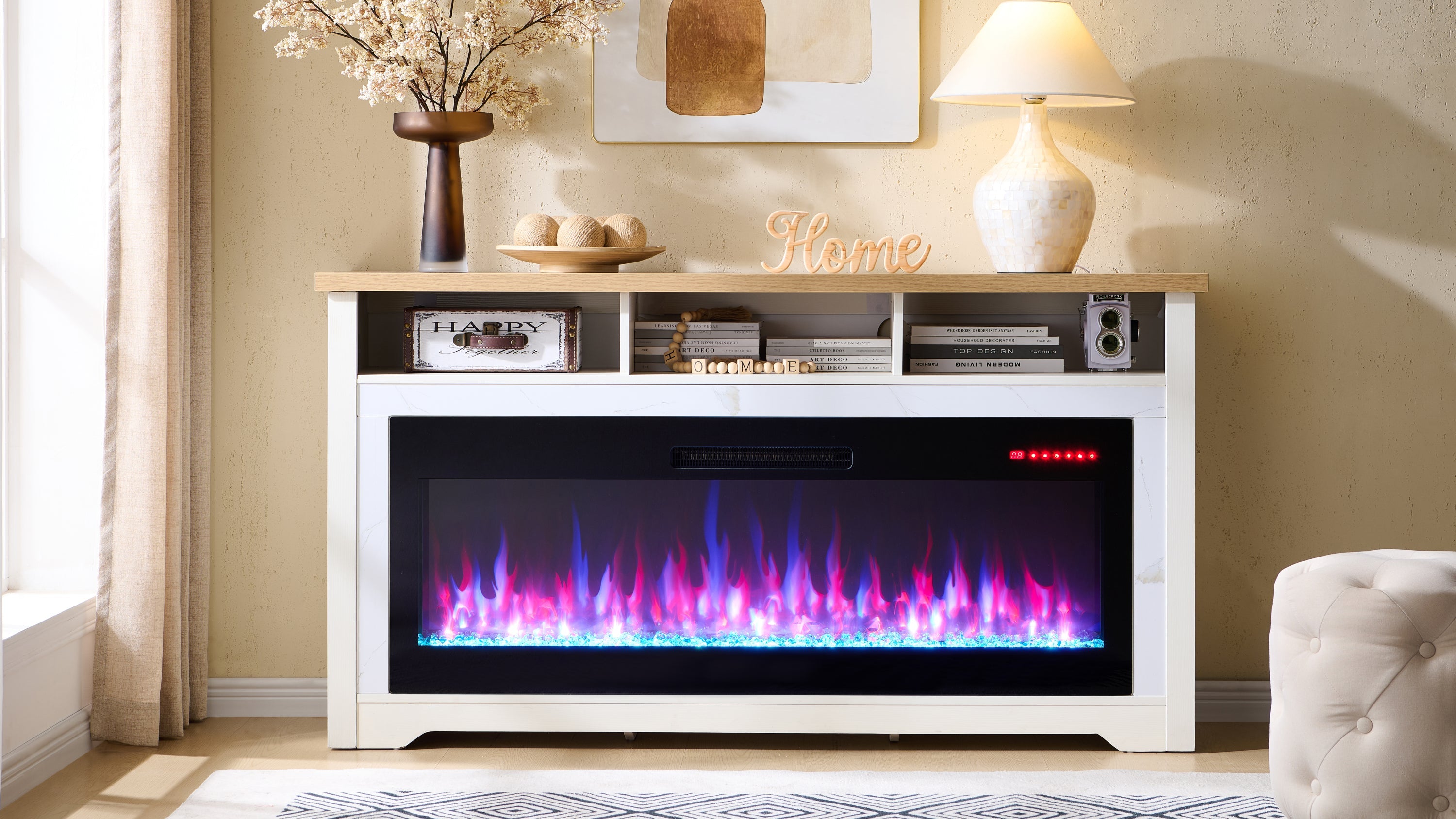 60 inch Fireplace TV Stand for TVs up to 70',with 50'smart Electric Fireplace,white