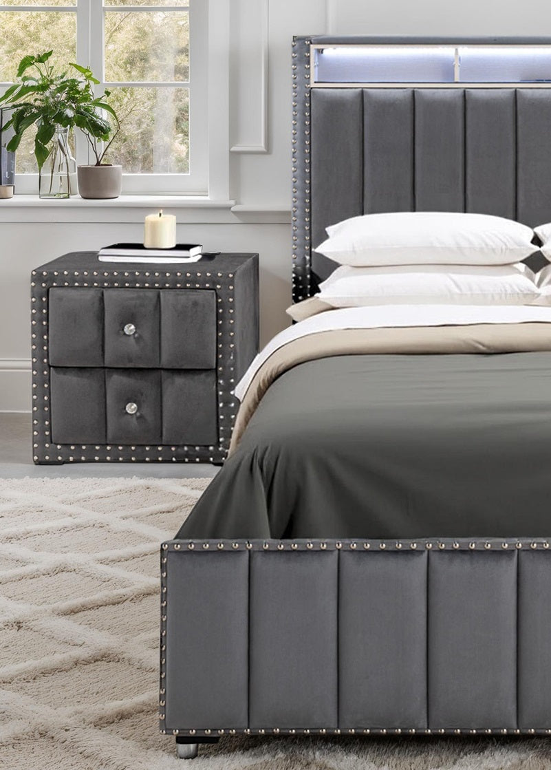 Contemporary 3pc Bedroom Set Queen Size Bed 2x Nightstands Bedroom Furniture Dark Gray Fabric Upholstered Bedframe w LED Nailhead Trim