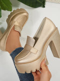 Round Toe Platform Block Heels Pumps