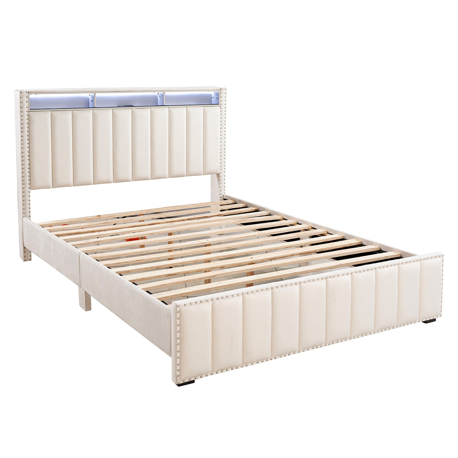 Full Size Bed 2x Nightstands Bedroom Furniture Contemporary Beige Fabric Upholstered Bedframe w LED Nailhead Trim 3pc Bedroom Set