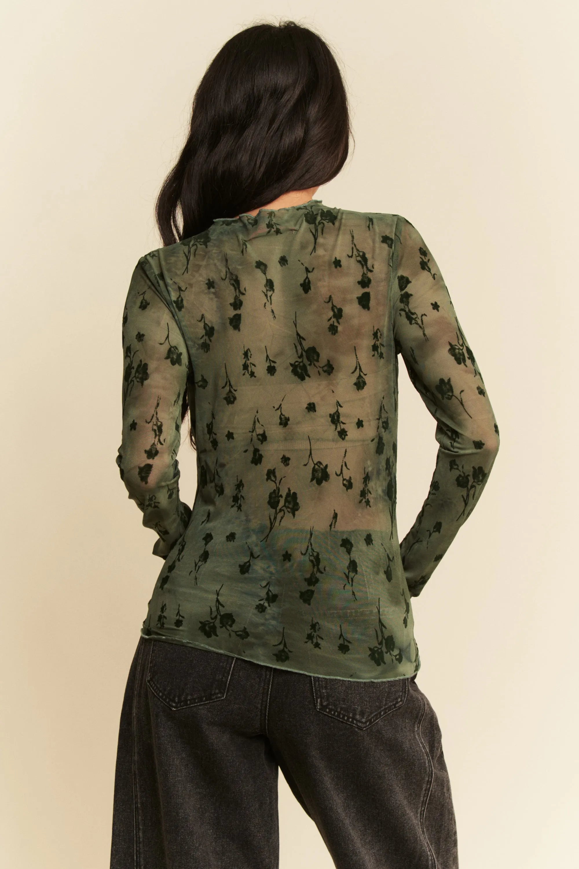 Davi & Dani Floral Mesh Long Sleeve Sheer Layering Top