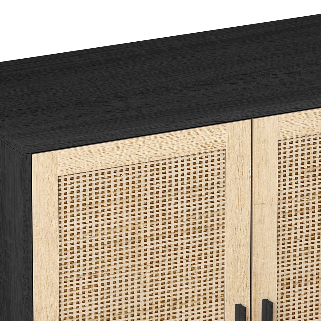 Elegant and Functional 4-Door Rattan Decorative Storage Cabinet for Bedroom, Living Room, Office, Black, Particle Board, 62.20'