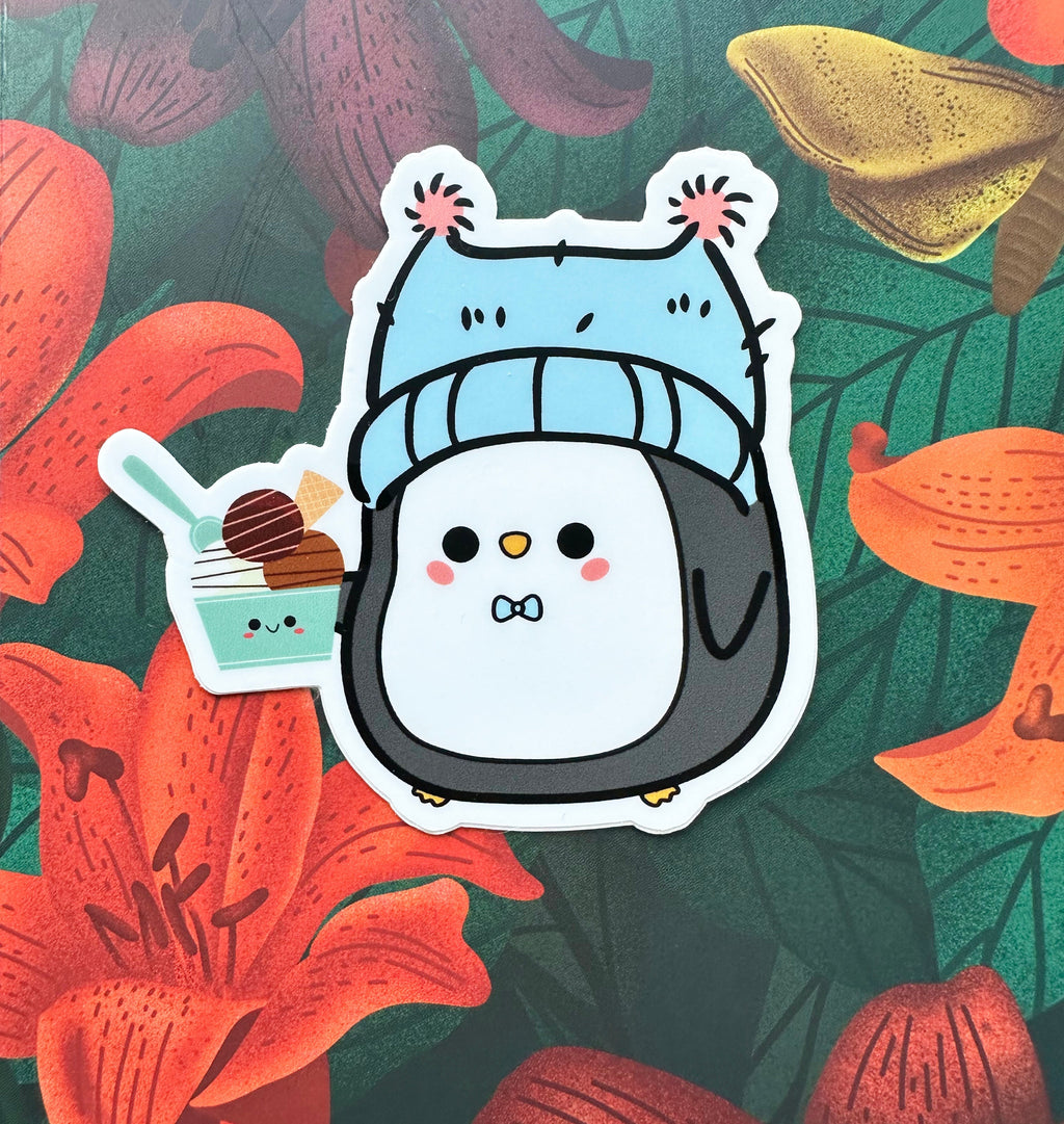Chilly Penguin Vinyl Sticker, 3x2.9"