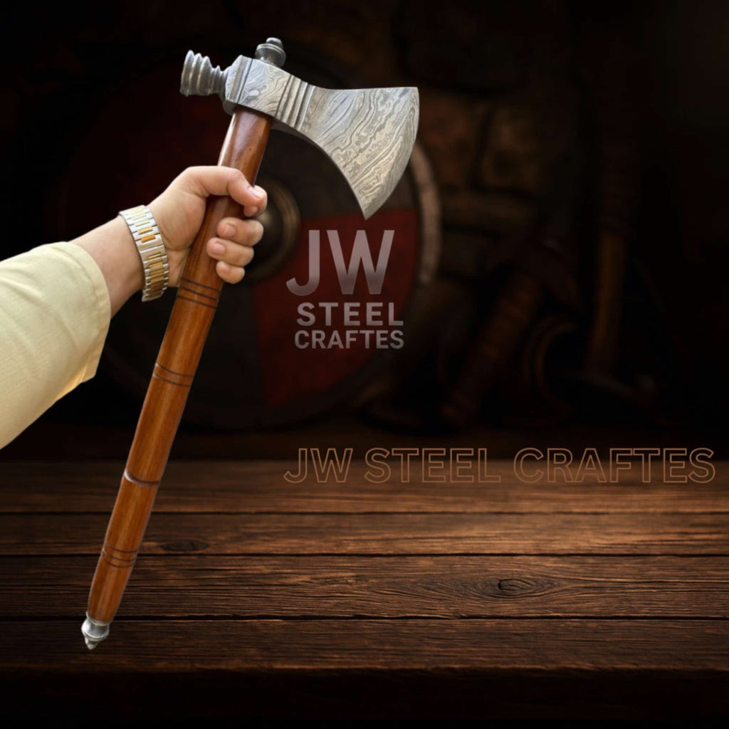 Collectible Artisan Pipe Axe in Damascus Steel with Hardwood Handle