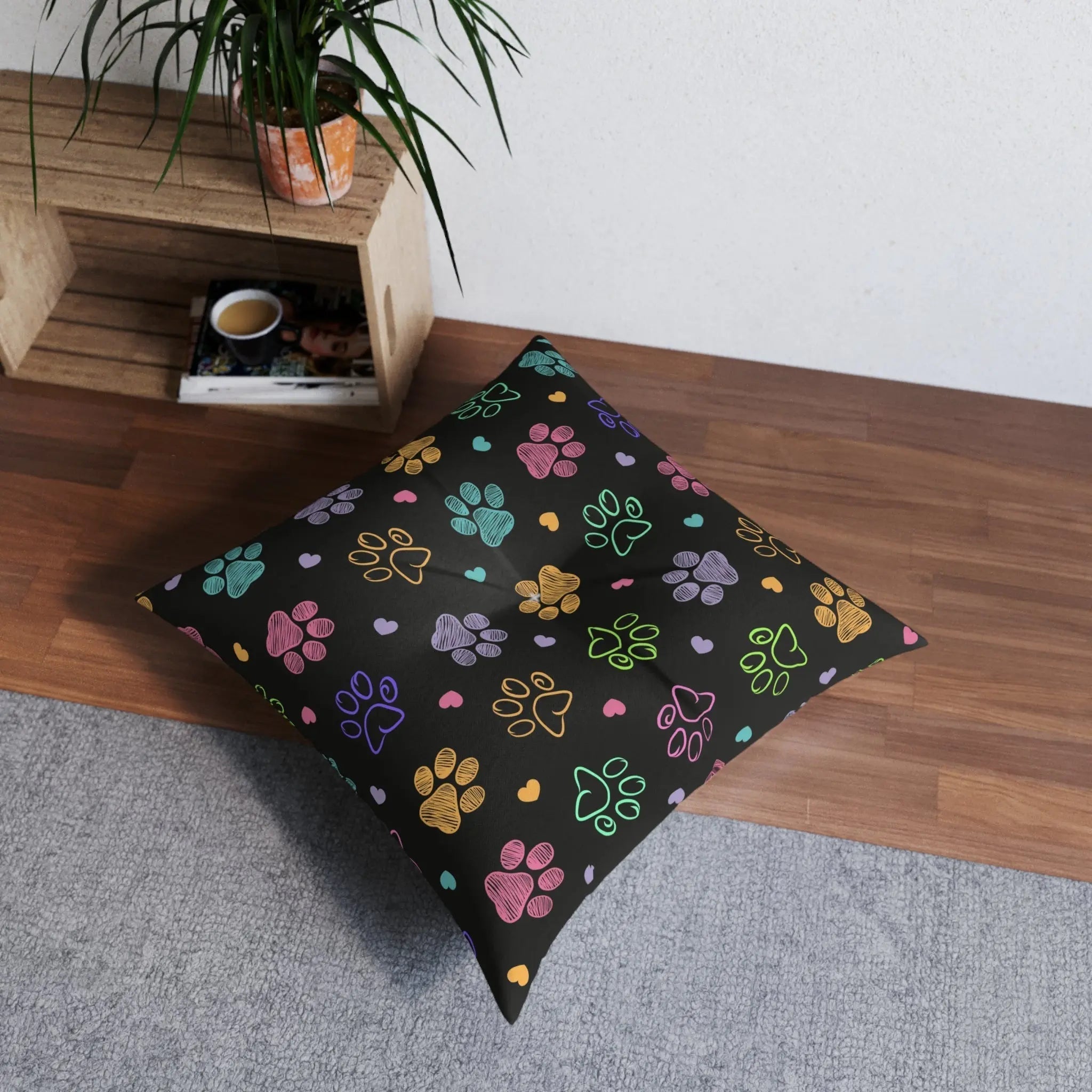 Colorful Paw Print Tufted Floor Pillow - Perfect for Pet Lovers
